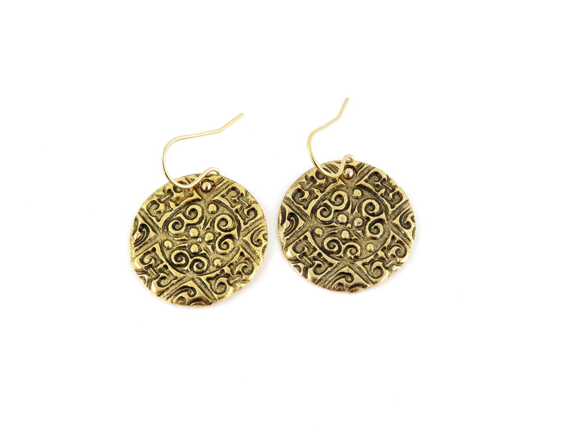 Brass Coin Earrings | Stamped Bronze Disc earrings | Gold Round Ethnic Earrings | Gold Medallion Earrings | Rustic Bronze Earrings | Unique