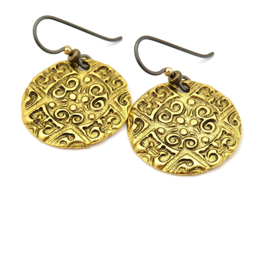Brass Coin Earrings | Stamped Bronze Disc earrings | Gold Round Ethnic Earrings | Gold Medallion Earrings | Rustic Bronze Earrings | Unique