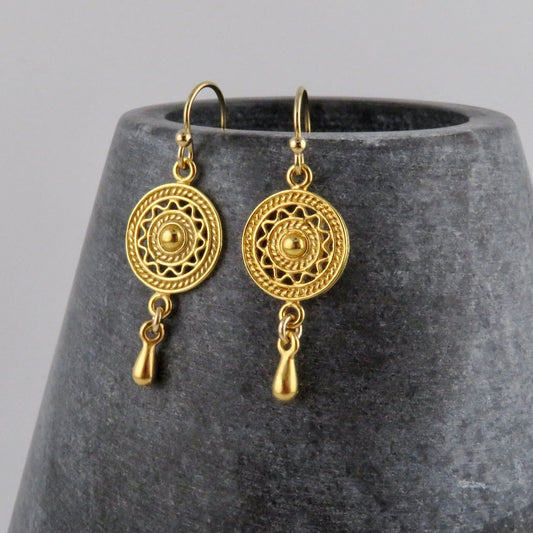 Gold Mandala Earrings | Geometric Gold Earrings | Gold Circle Earrings | Gold Intricate Earrings | Gold Dice Earrings with Drop
