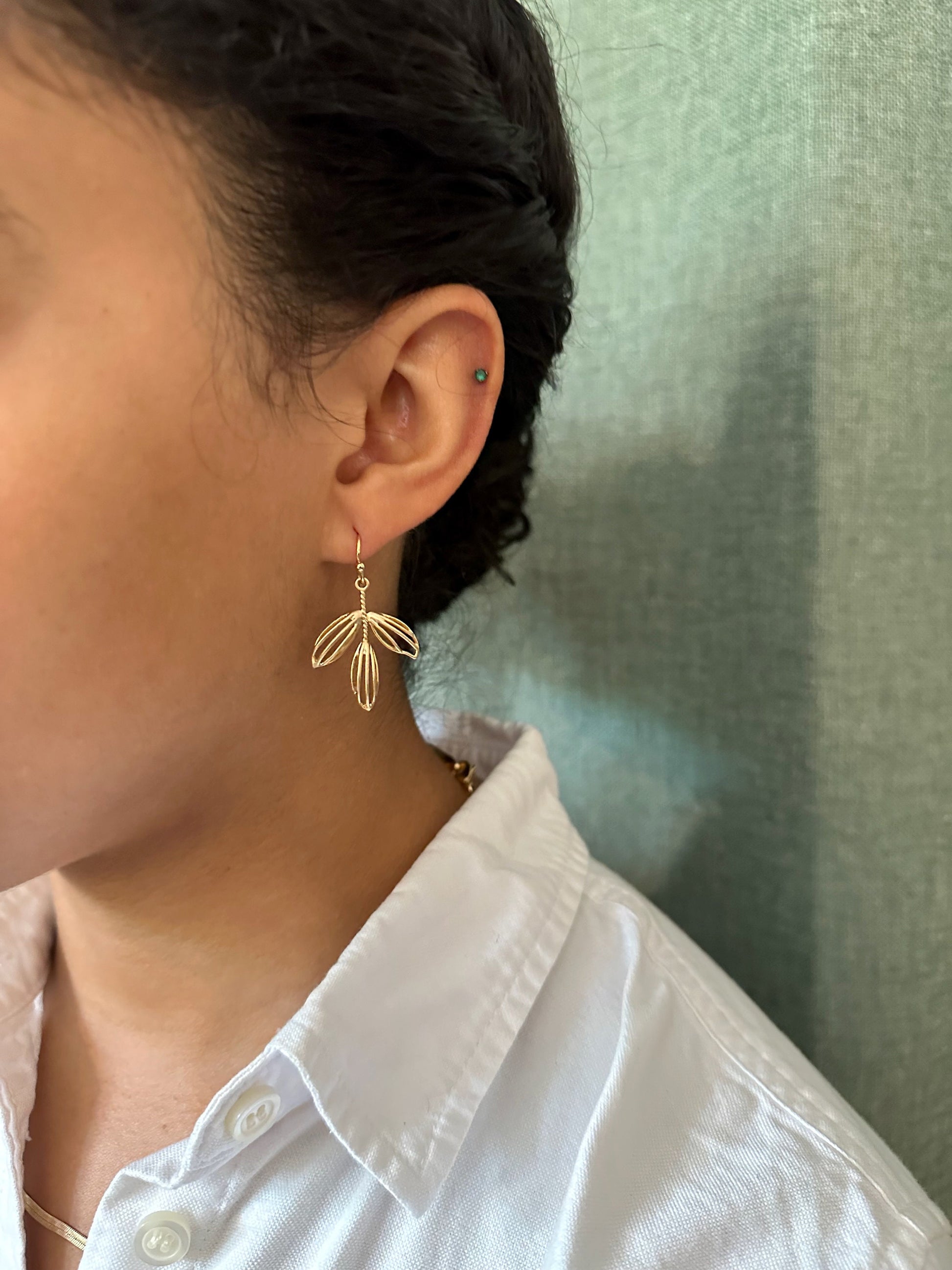 Gold Leaves Earrings | Lightweight Gold Earring | Gold Laser Cut Leaf Earrings | Hanging Leaves Earrings | Open Nature Earrings | Gold Stems