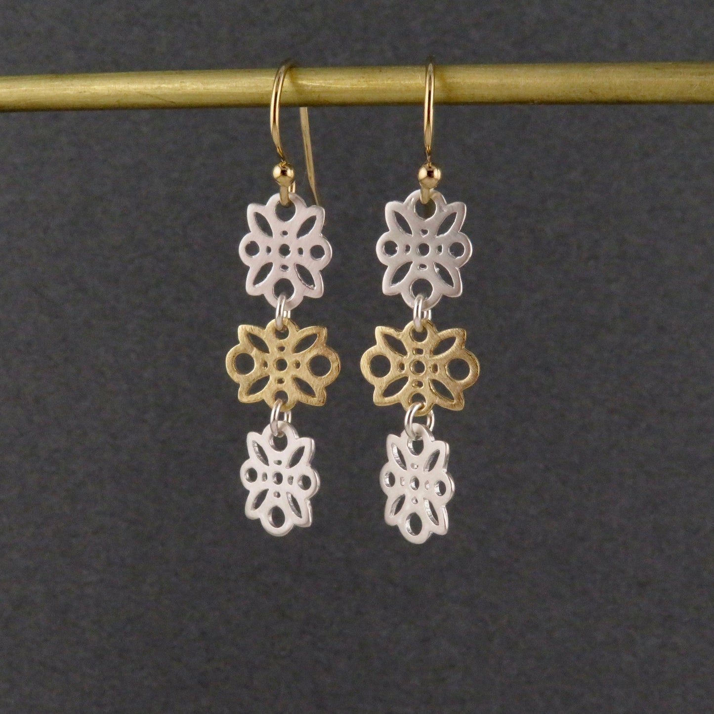 Mixed Metal Earrings | Silver Gold Flowers Earrings | Two Tone Flowers Earrings | Delicate Flowers Earrings | Three Flowers Earrings