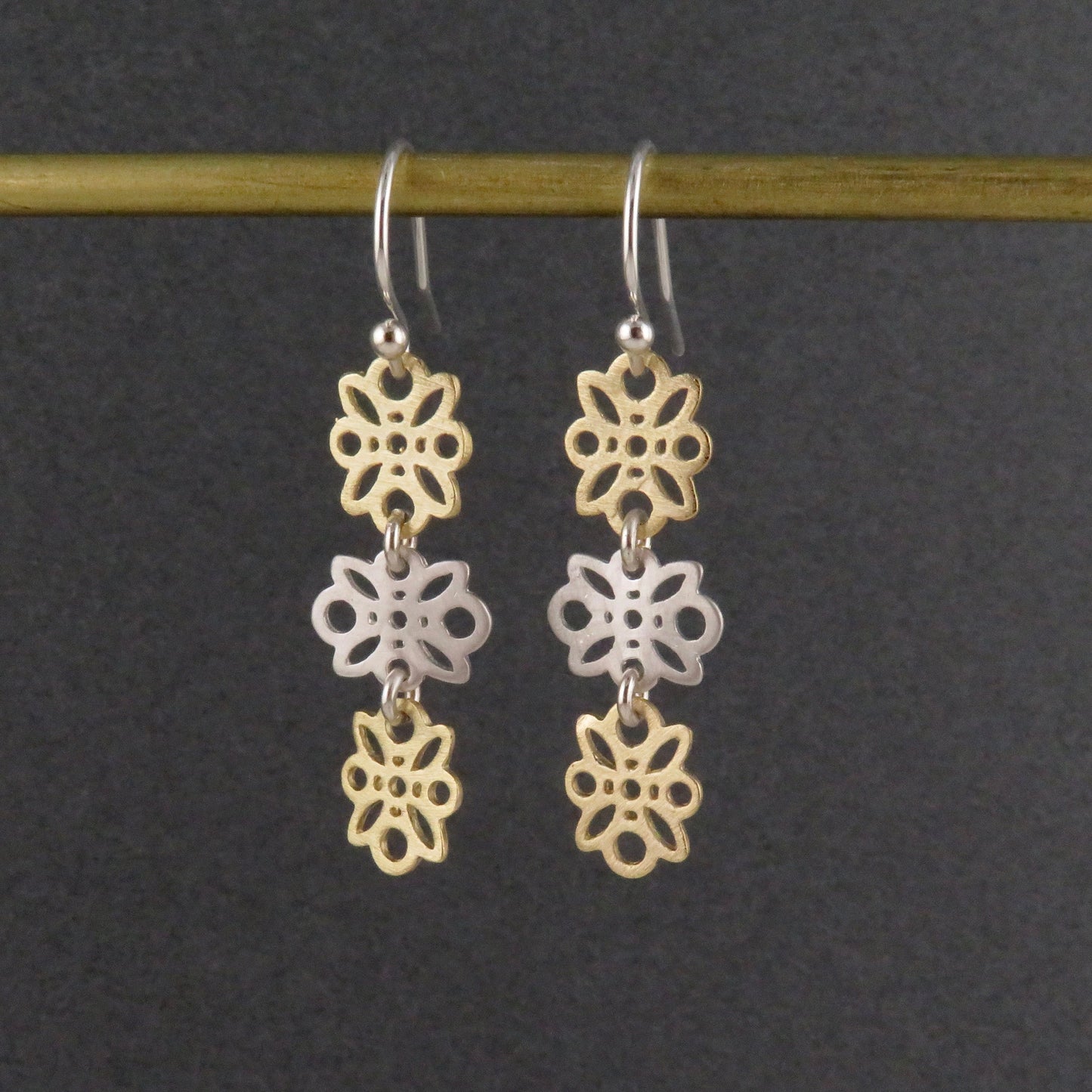 Mixed Metal Earrings | Silver Gold Flowers Earrings | Two Tone Flowers Earrings | Delicate Flowers Earrings | Three Flowers Earrings