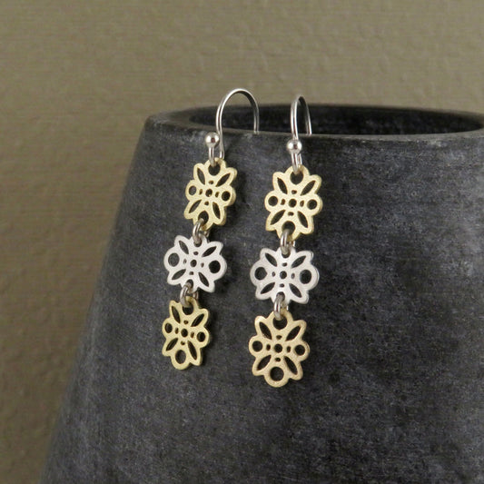 Mixed Metal Earrings | Silver Gold Flowers Earrings | Two Tone Flowers Earrings | Delicate Flowers Earrings | Three Flowers Earrings