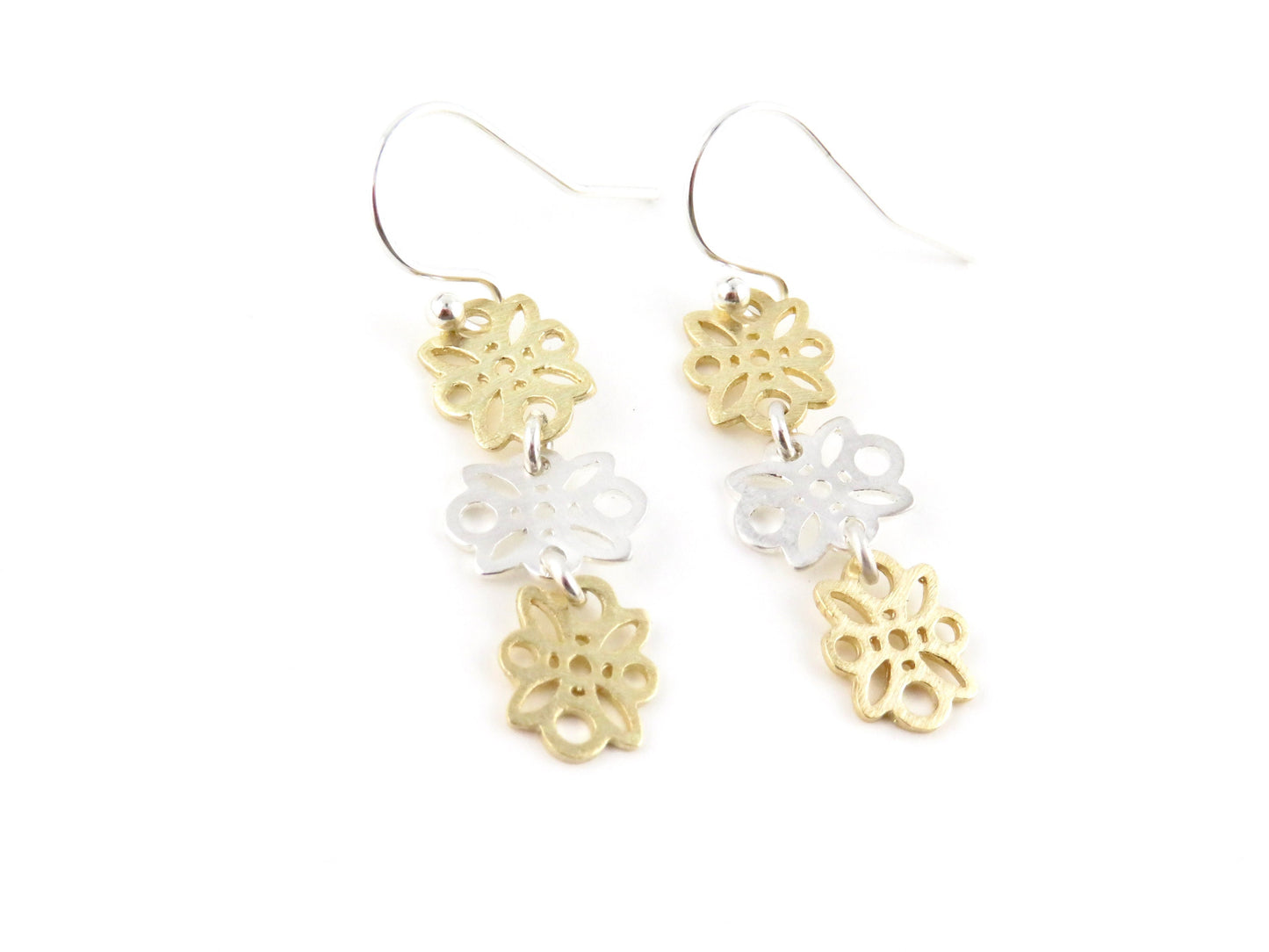 Mixed Metal Earrings | Silver Gold Flowers Earrings | Two Tone Flowers Earrings | Delicate Flowers Earrings | Three Flowers Earrings