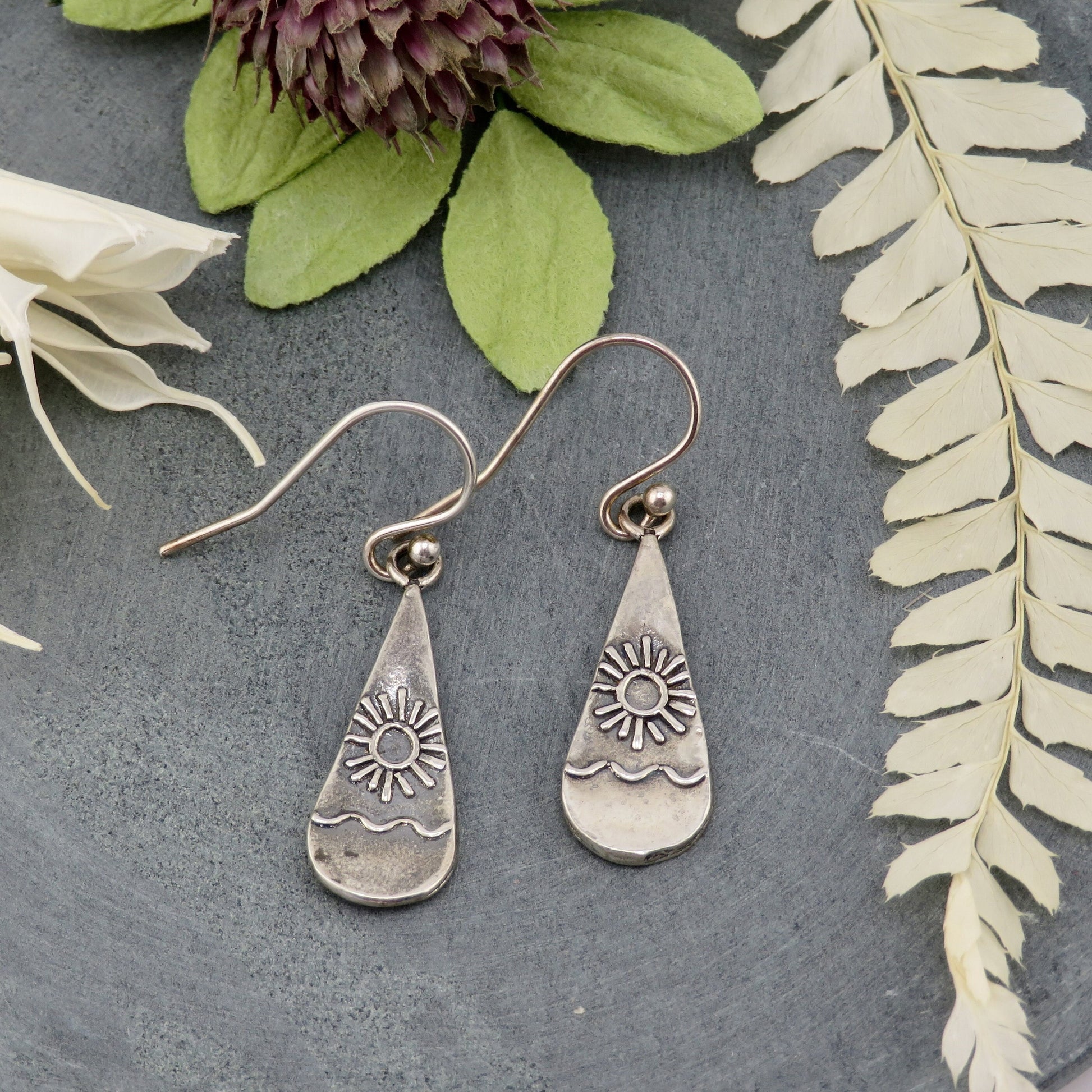 Sterling Teardrop Earrings | Silver Sun Earrings | Sterling Silver Horizon Earrings | Silver Beach Sun Earrings | Sun Sky Scene Earrings
