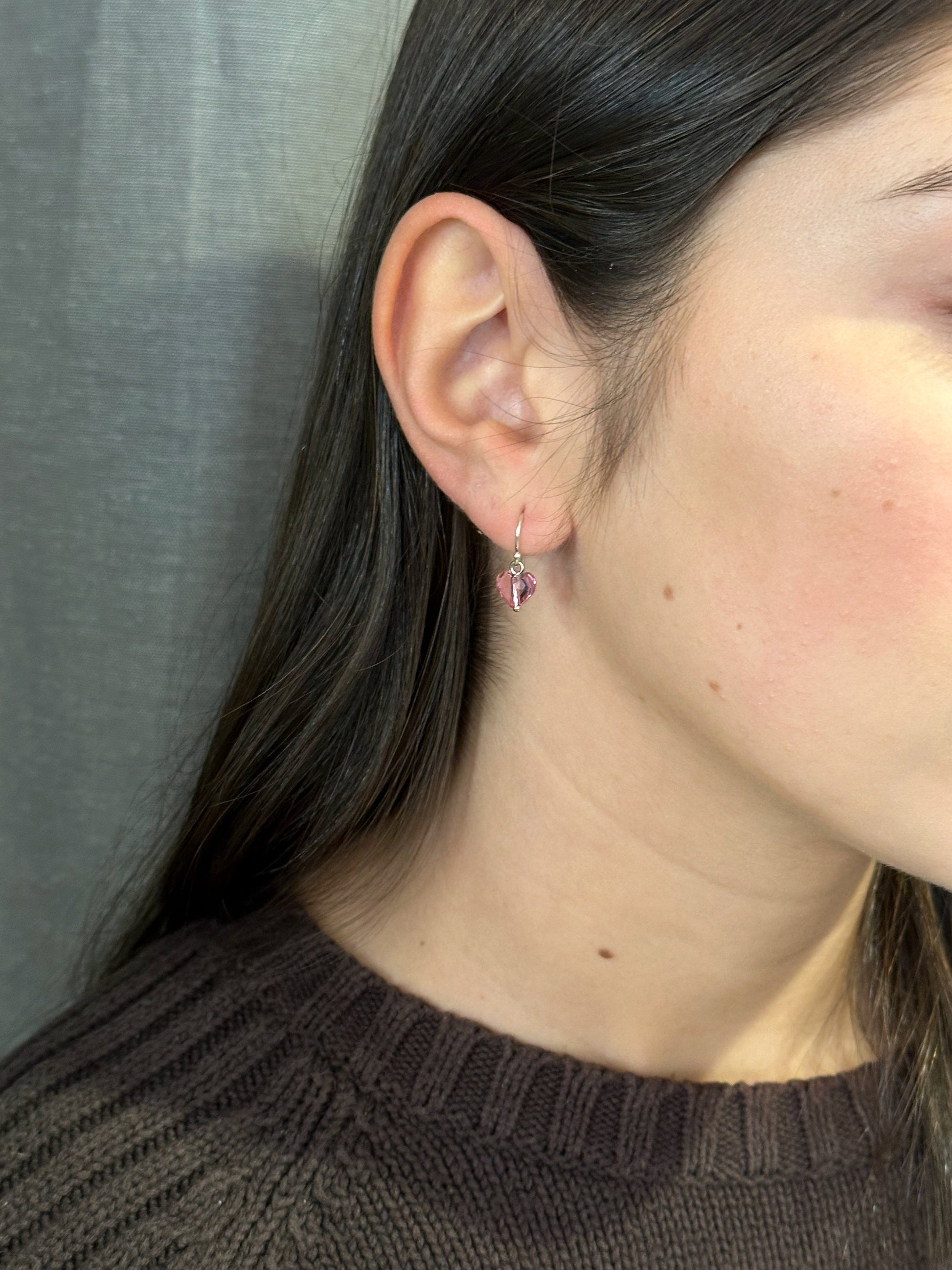 Pink Crystal Heart Earrings | Sterling Pink Heart Earrings | Sweet Heart Earrings | Silver Crystal Heart Earrings | Delicate Heart Earrings