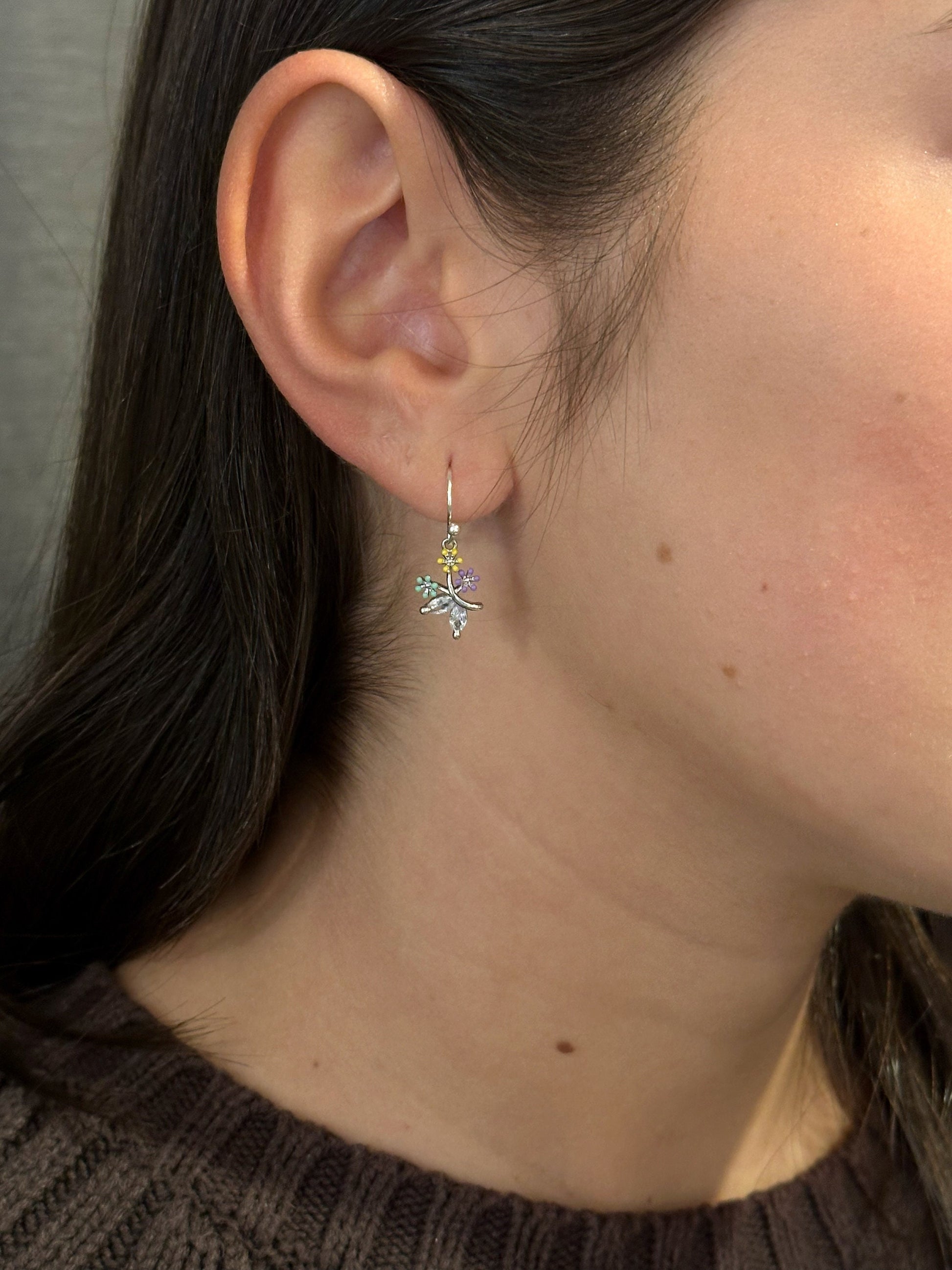 Silver Flower Earrings | Colorful Silver Flower Earrings | CZ Silver Flower Earrings | Sweet Silver Flower Earrings | Enamel Flower Earrings