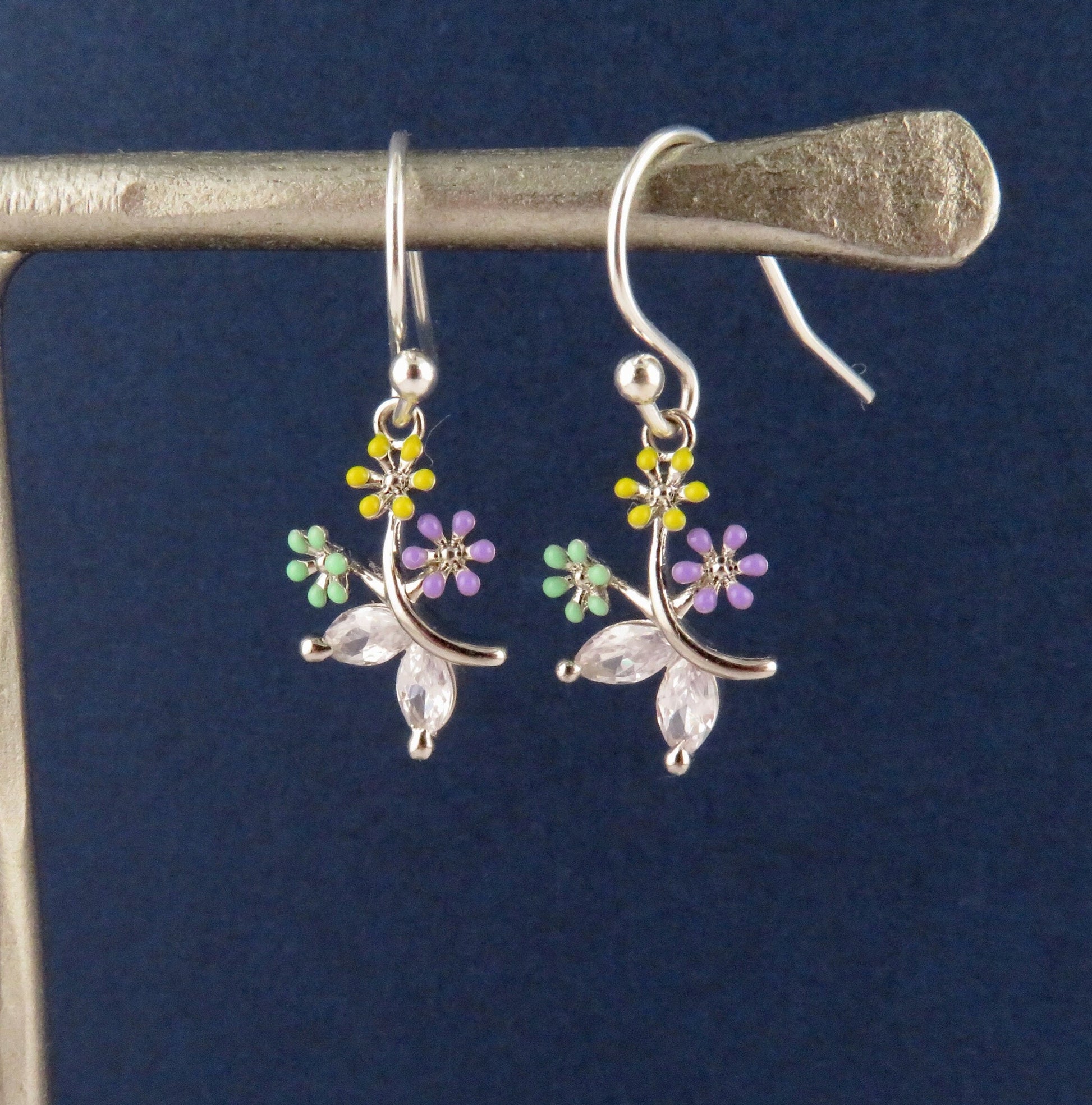 Silver Flower Earrings | Colorful Silver Flower Earrings | CZ Silver Flower Earrings | Sweet Silver Flower Earrings | Enamel Flower Earrings
