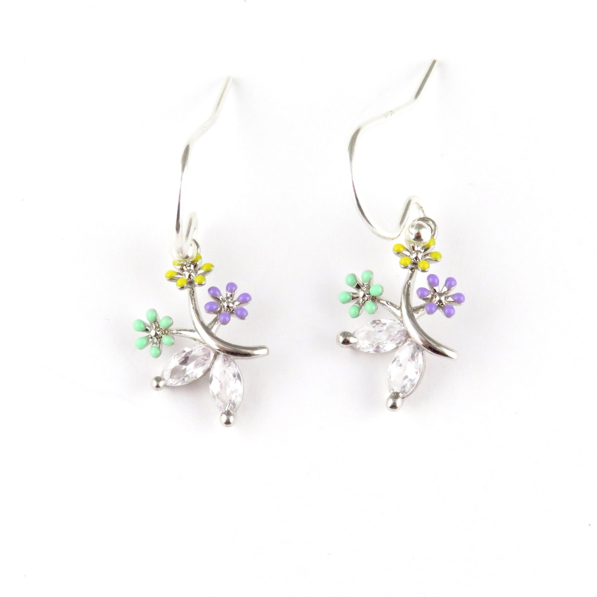 Silver Flower Earrings | Colorful Silver Flower Earrings | CZ Silver Flower Earrings | Sweet Silver Flower Earrings | Enamel Flower Earrings
