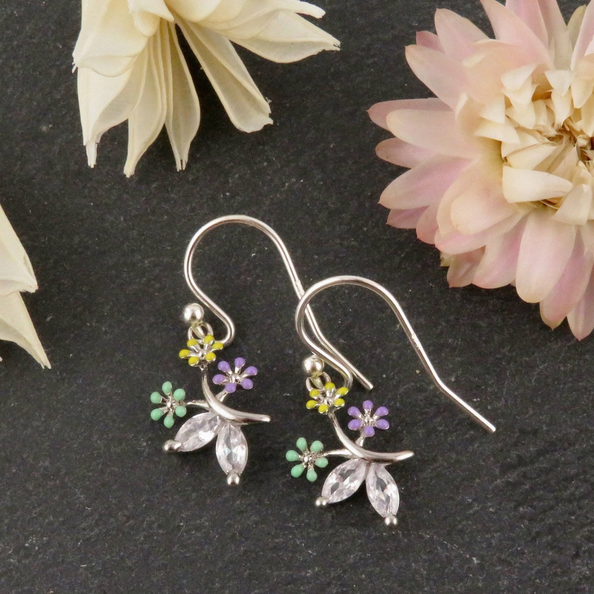 Silver Flower Earrings | Colorful Silver Flower Earrings | CZ Silver Flower Earrings | Sweet Silver Flower Earrings | Enamel Flower Earrings