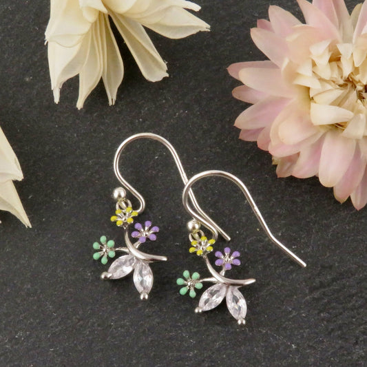 Silver Flower Earrings | Colorful Silver Flower Earrings | CZ Silver Flower Earrings | Sweet Silver Flower Earrings | Enamel Flower Earrings