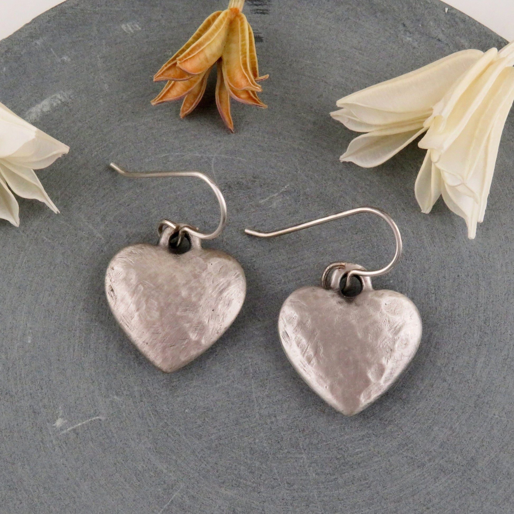 Brushed Silver Heart Earrings | Hammered Heart Earrings | Matte Silver Heart Earring | Silver Hearts | Rustic Silver Heart Earrings