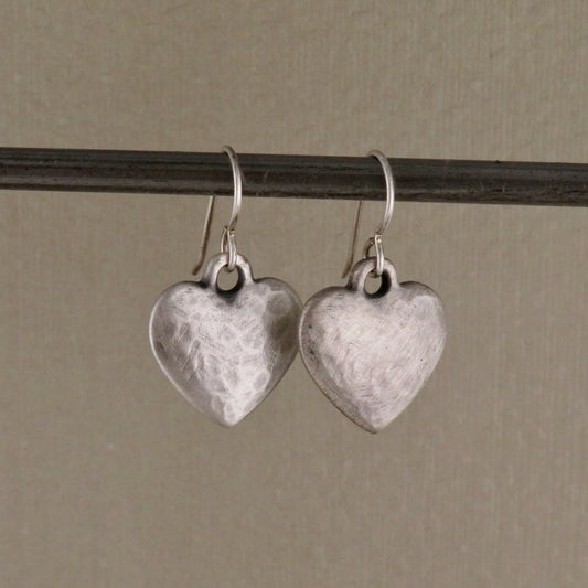 Brushed Silver Heart Earrings | Hammered Heart Earrings | Matte Silver Heart Earring | Silver Hearts | Rustic Silver Heart Earrings