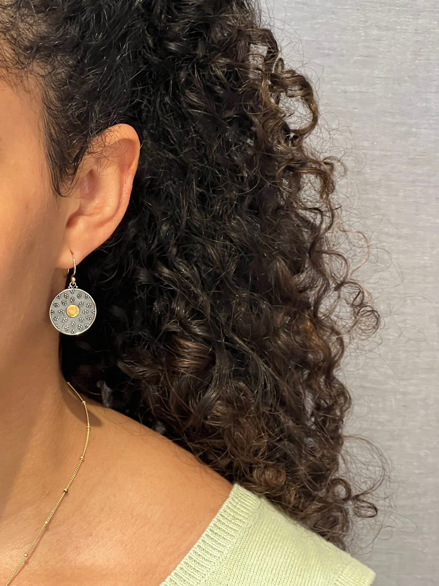Black Gold Disc Earrings | Mixed Metal Earrings | Two Tone Mandala Earrings | Silver Gold Mandala Earrings | Granulated Circle Earrings