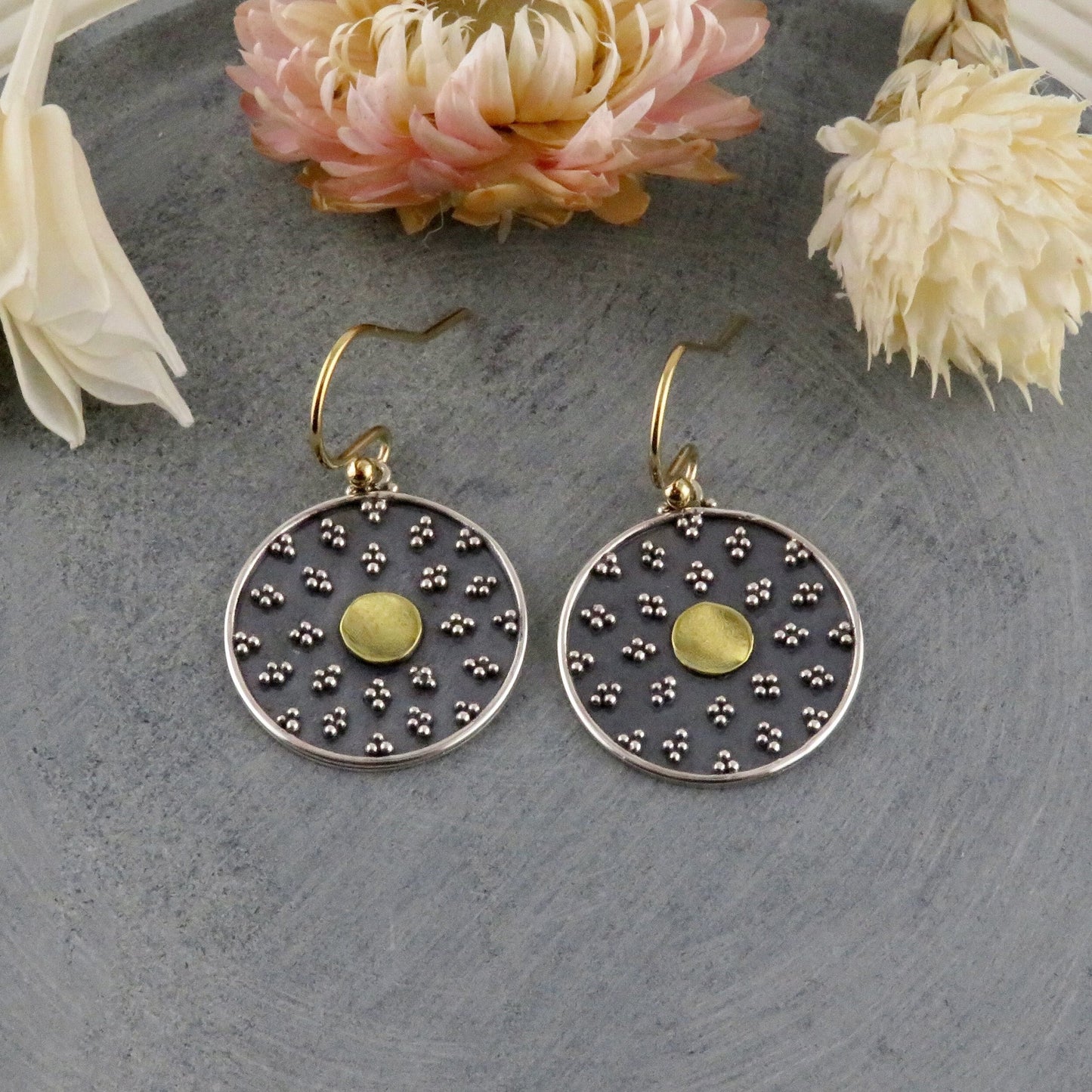 Black Gold Disc Earrings | Mixed Metal Earrings | Two Tone Mandala Earrings | Silver Gold Mandala Earrings | Granulated Circle Earrings