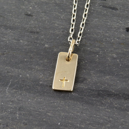 Gold Cross Necklace | Two Tone Cross Pendant | Bronze Rustic Cross Necklace | Mixed Metal Cross Necklace | Cross Tag Pendant | Etched Cross