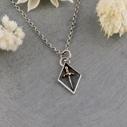 Dagger Necklace | Sterling Sword Pendant | Mixed Metal Sword Necklace | Silver Gold Dagger | Dagger Seal Necklace | Two Tone Dagger Pendant