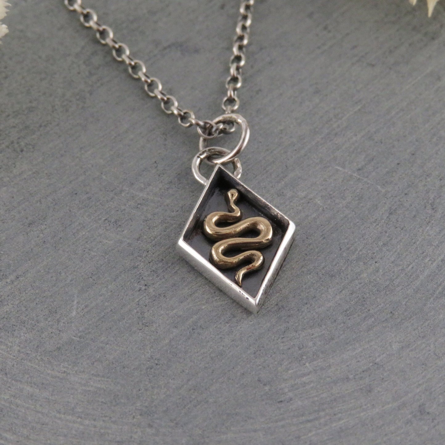 Sterling Silver Snake Necklace | Mixed Metal Snake Pendant | Two Tone Snake | Gold Snake | Unique Snake Necklace | Snake Seal Diamond