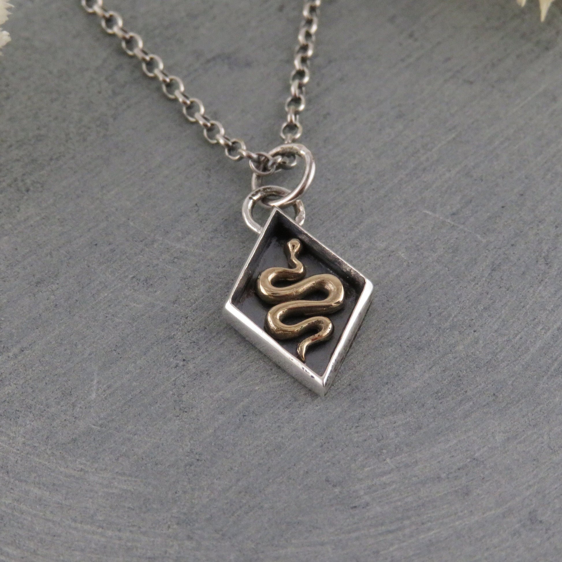 Sterling Silver Snake Necklace | Mixed Metal Snake Pendant | Two Tone Snake | Gold Snake | Unique Snake Necklace | Snake Seal Diamond