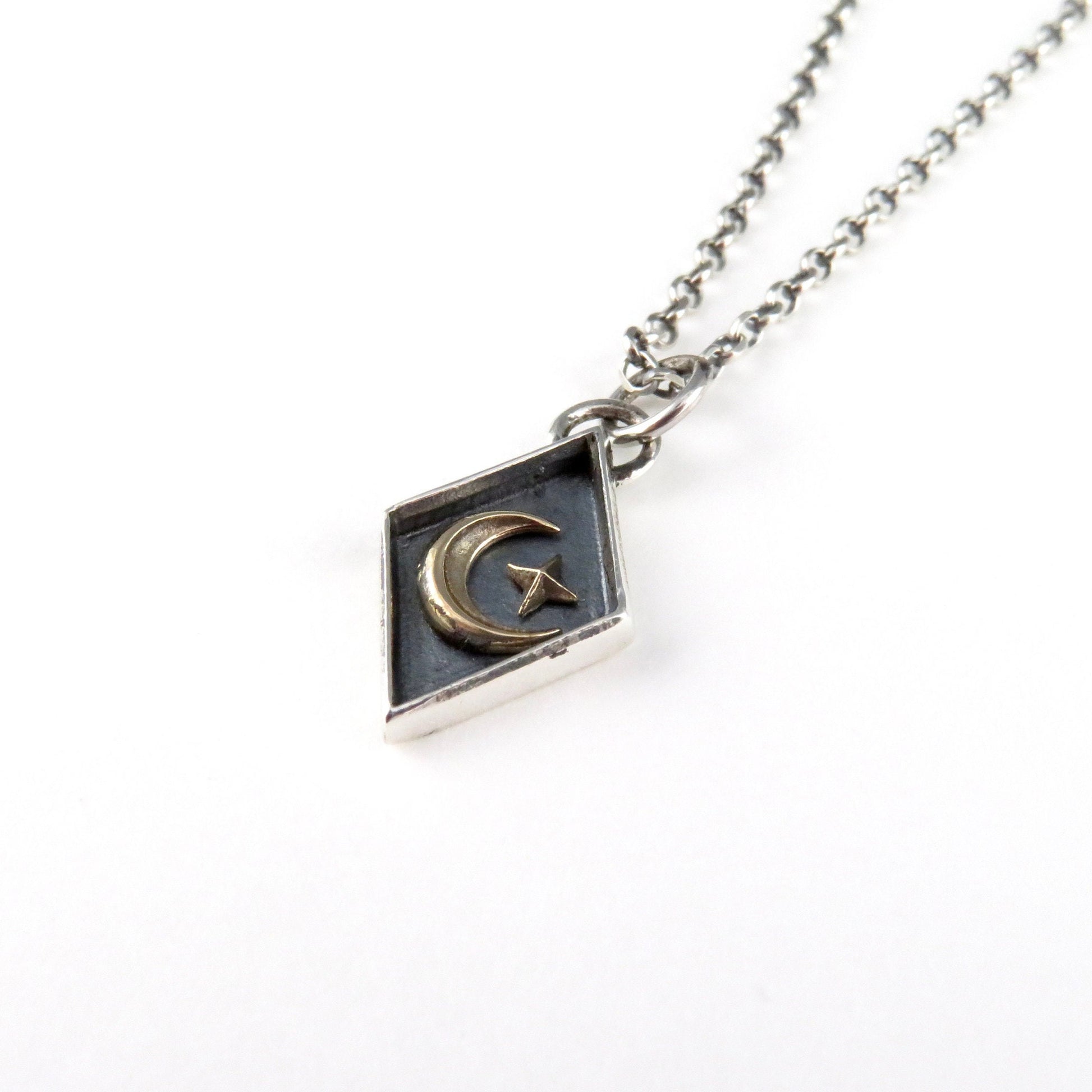 Sterling Silver Celestial Necklace | Mixed Metal Moon Pendant | Two Tone Moon Star Pendant | Celestial Seal Necklace | Gold Moon Star
