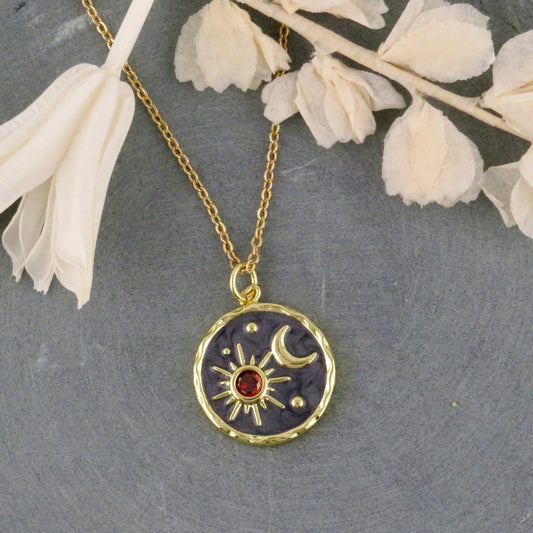 Gray and Red Celestial Disc Necklace
