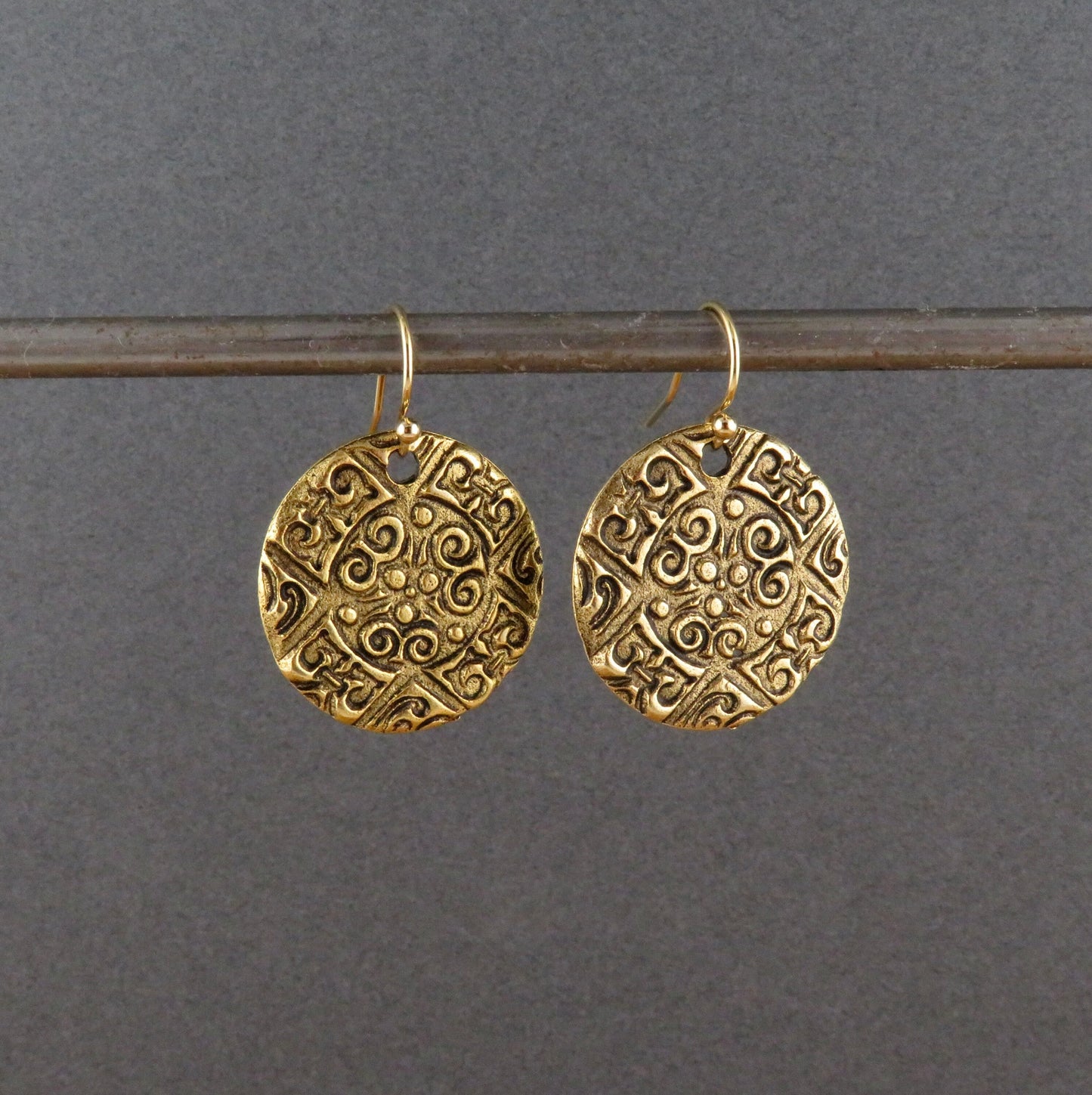 Brass Coin Earrings | Stamped Bronze Disc earrings | Gold Round Ethnic Earrings | Gold Medallion Earrings | Rustic Bronze Earrings | Unique