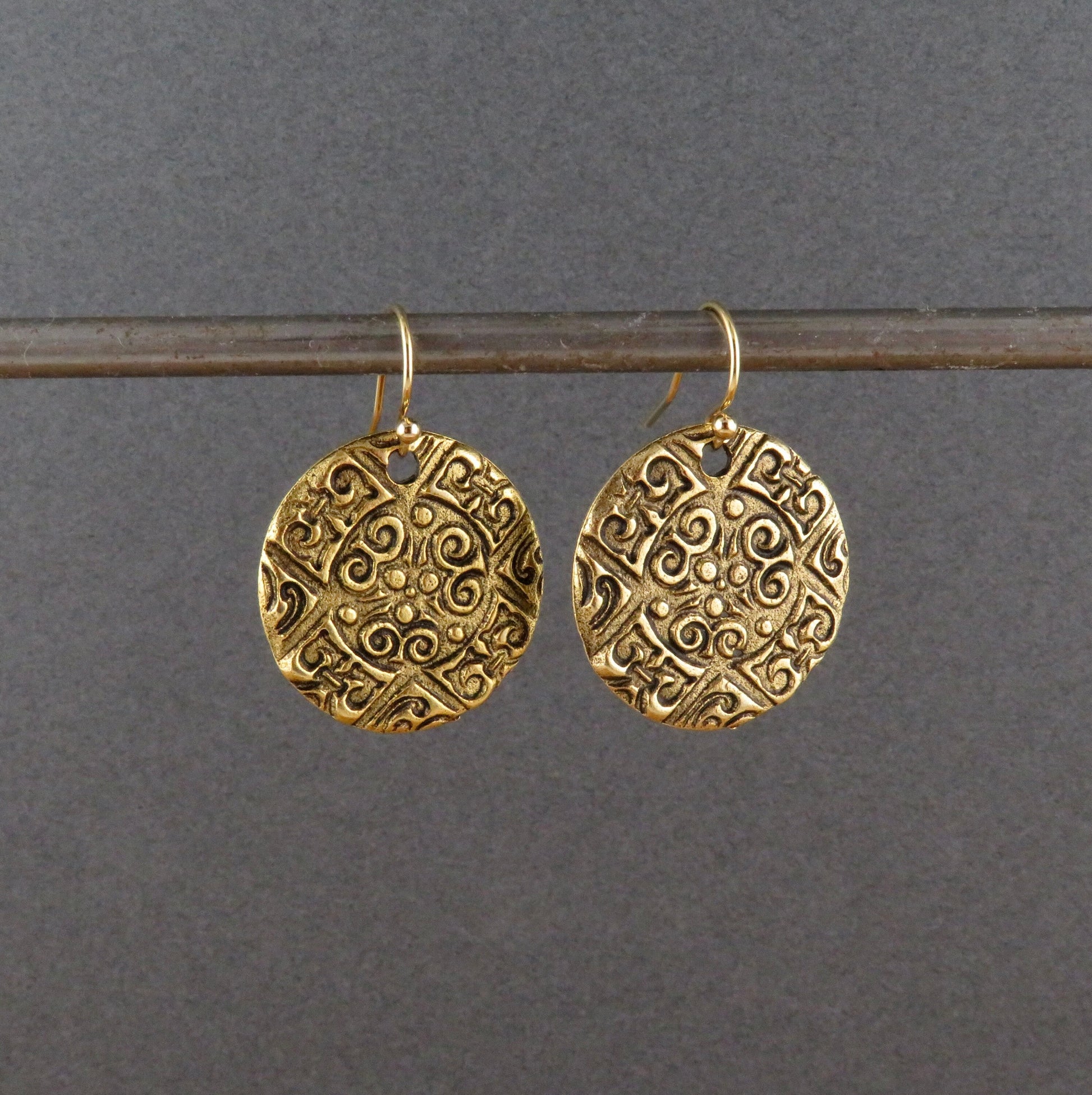 Brass Coin Earrings | Stamped Bronze Disc earrings | Gold Round Ethnic Earrings | Gold Medallion Earrings | Rustic Bronze Earrings | Unique