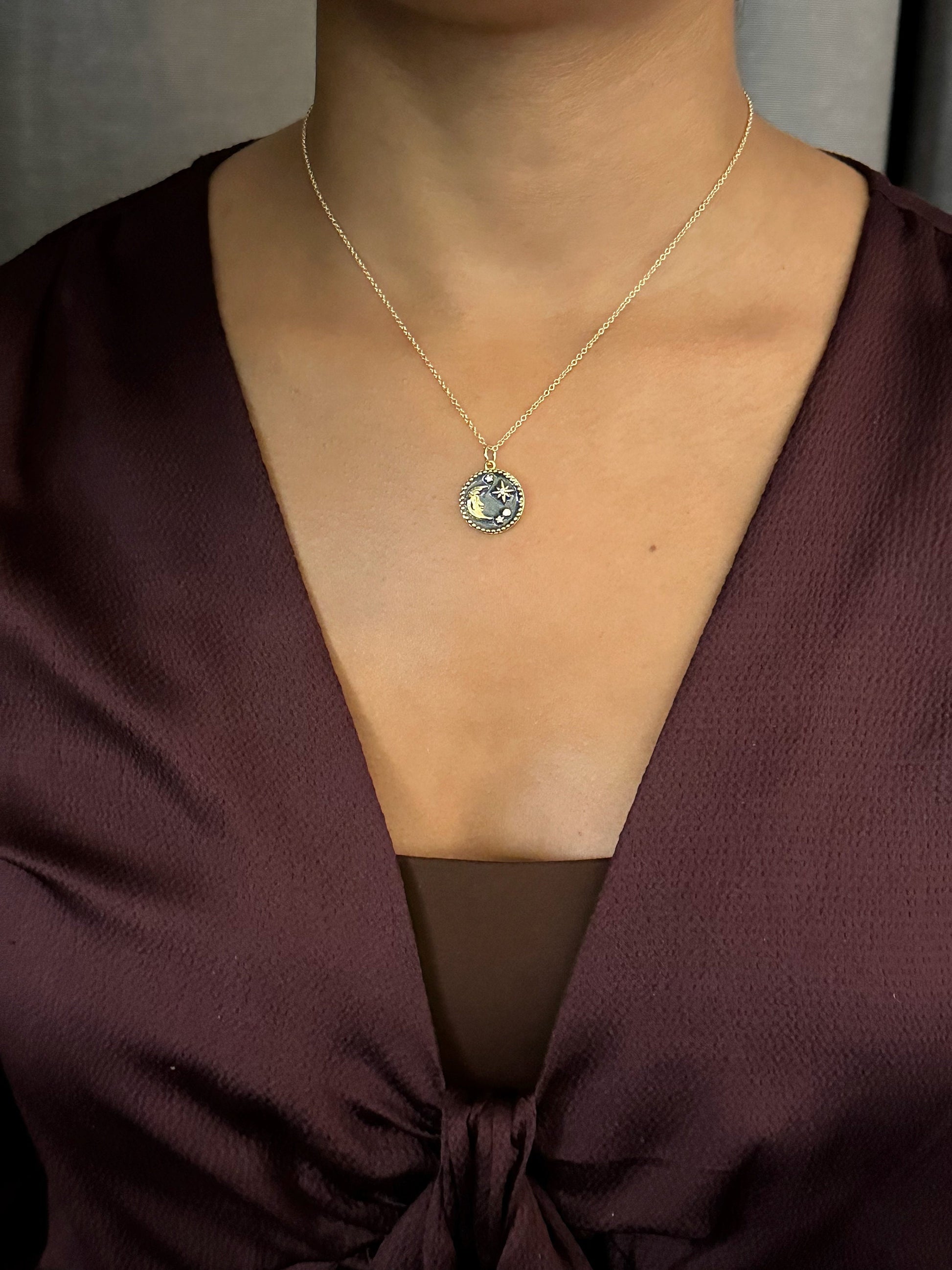 Gold Celestial Necklace | Gold Filled Moon Stars Pendant | Gold Filled Celestial Pendant | Gold Moon Medallion | Gray Moon Stars Necklace