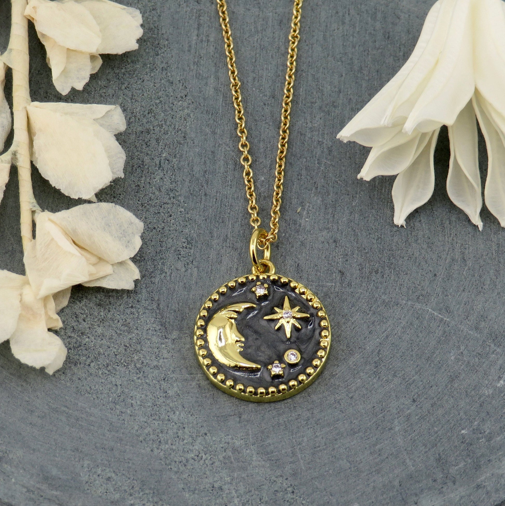 Gold Celestial Necklace | Gold Filled Moon Stars Pendant | Gold Filled Celestial Pendant | Gold Moon Medallion | Gray Moon Stars Necklace
