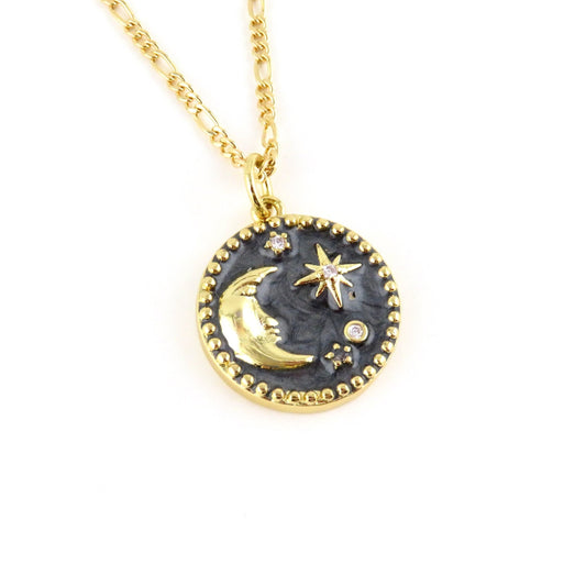 Gold Celestial Necklace | Gold Filled Moon Stars Pendant | Gold Filled Celestial Pendant | Gold Moon Medallion | Gray Moon Stars Necklace