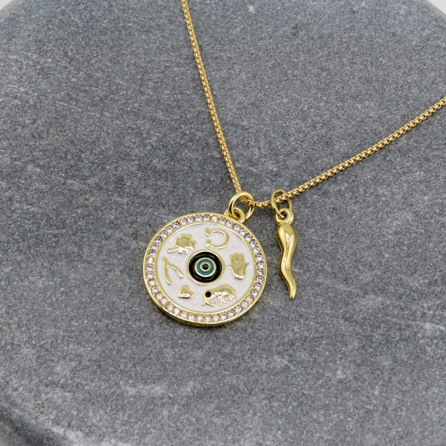 Lucky Amulet Necklace | Lucky Symbols Pendant | Gold Luck Medallion | Gold Horn Luck Necklace | Gold Amulet Medallion | Gold Lucky Symbols