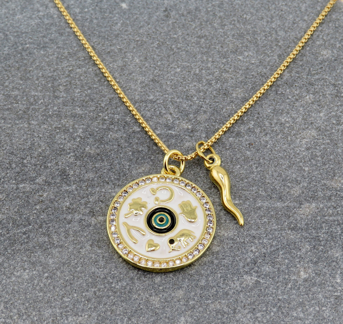 Lucky Amulet Necklace | Lucky Symbols Pendant | Gold Luck Medallion | Gold Horn Luck Necklace | Gold Amulet Medallion | Gold Lucky Symbols