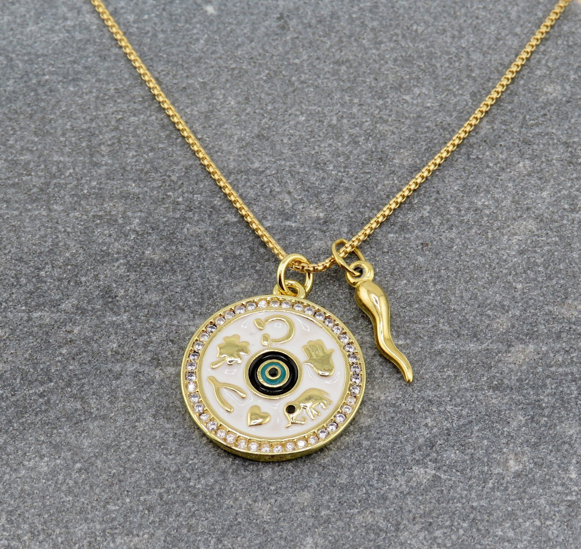 Lucky Amulet Necklace | Lucky Symbols Pendant | Gold Luck Medallion | Gold Horn Luck Necklace | Gold Amulet Medallion | Gold Lucky Symbols