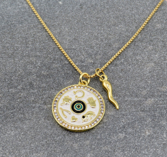 Lucky Amulet Necklace | Lucky Symbols Pendant | Gold Luck Medallion | Gold Horn Luck Necklace | Gold Amulet Medallion | Gold Lucky Symbols
