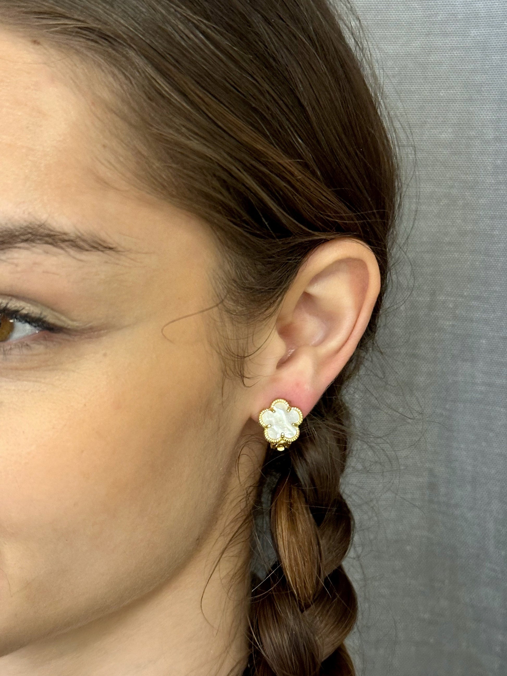 Gold Pearl Clip-on Earrings | Mother of Pearl Flower Clip-Ons | Gold Clip Earrings | Clip-on Gold Flower Earrings | Small Flower Clip-ons
