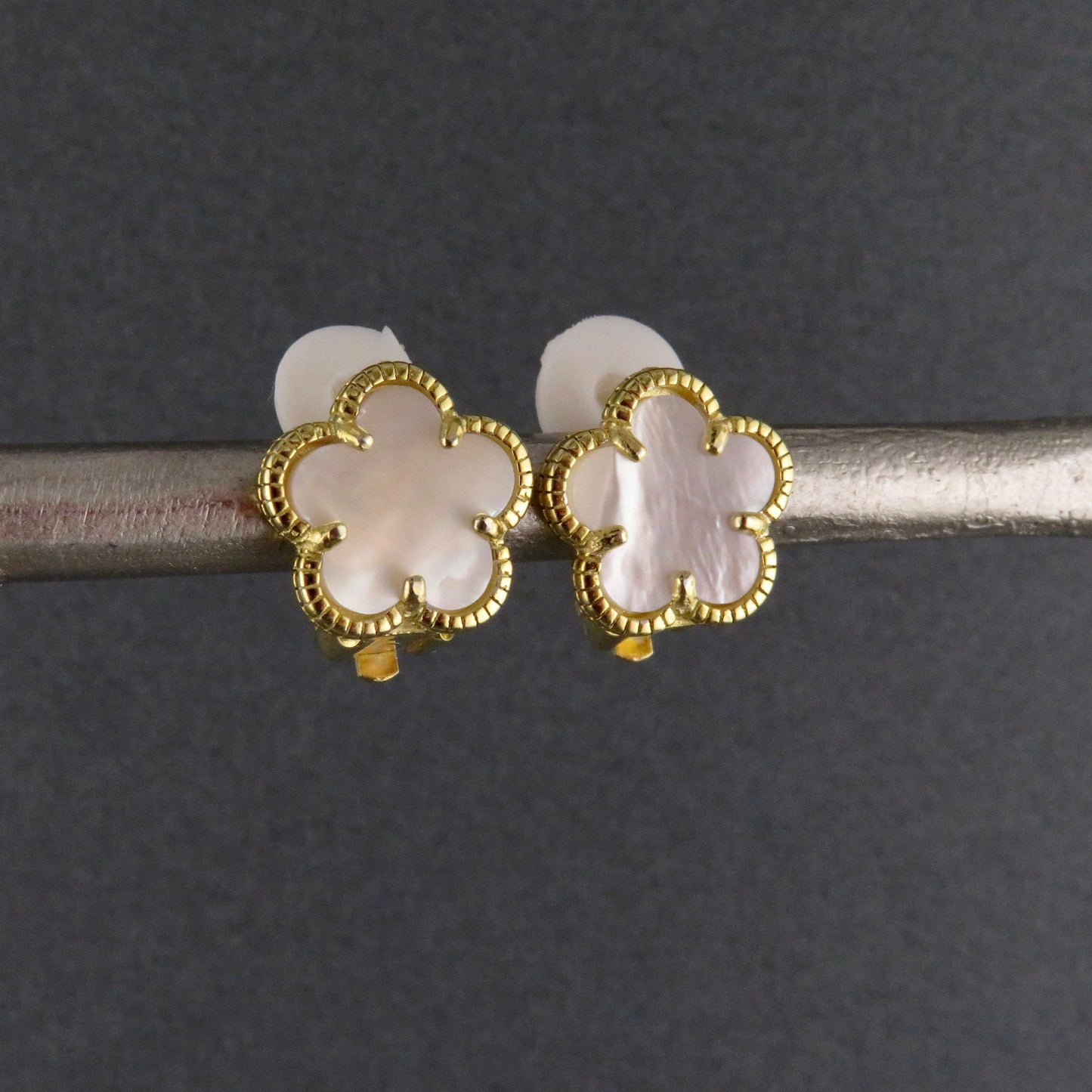 Gold Pearl Clip-on Earrings | Mother of Pearl Flower Clip-Ons | Gold Clip Earrings | Clip-on Gold Flower Earrings | Small Flower Clip-ons