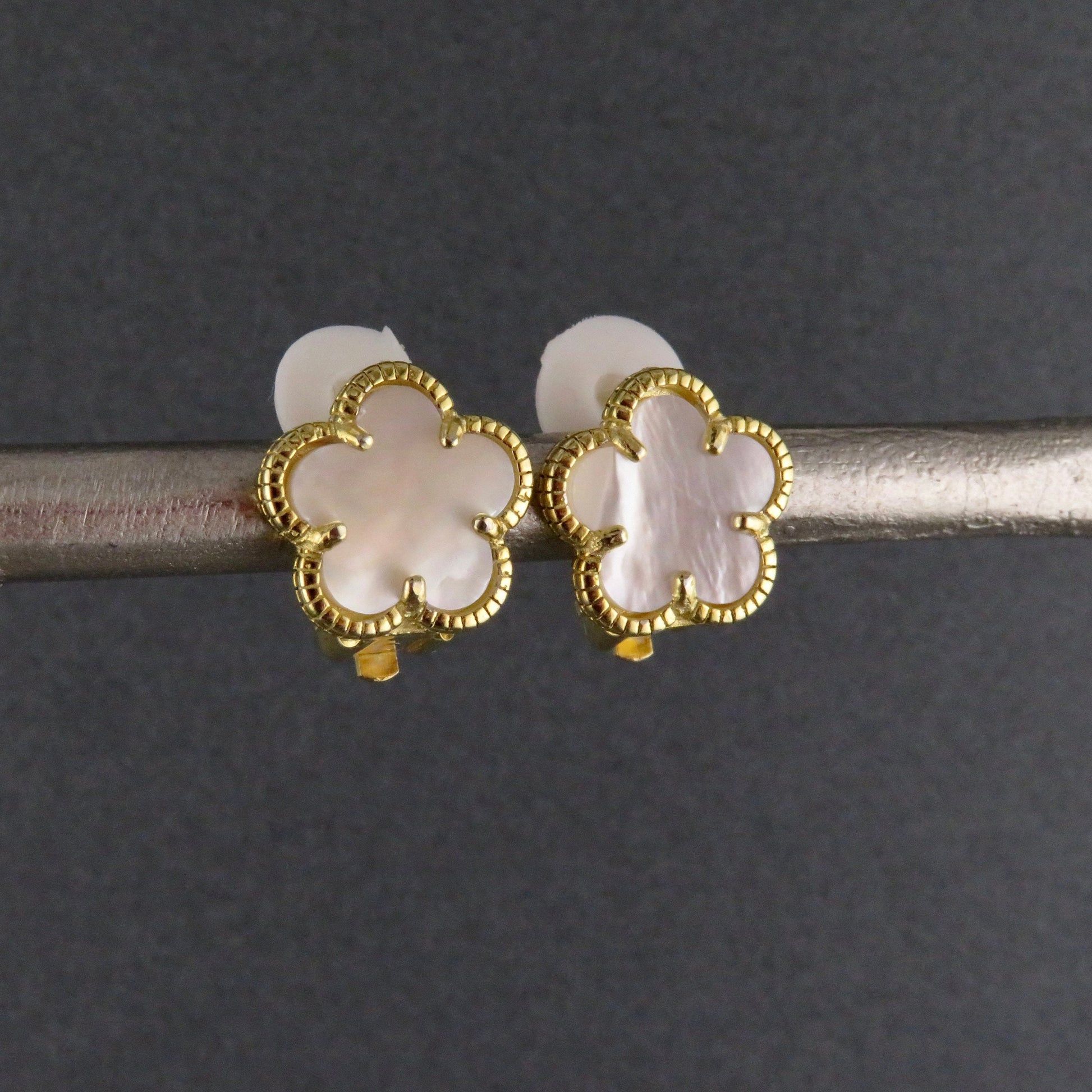 Gold Pearl Clip-on Earrings | Mother of Pearl Flower Clip-Ons | Gold Clip Earrings | Clip-on Gold Flower Earrings | Small Flower Clip-ons