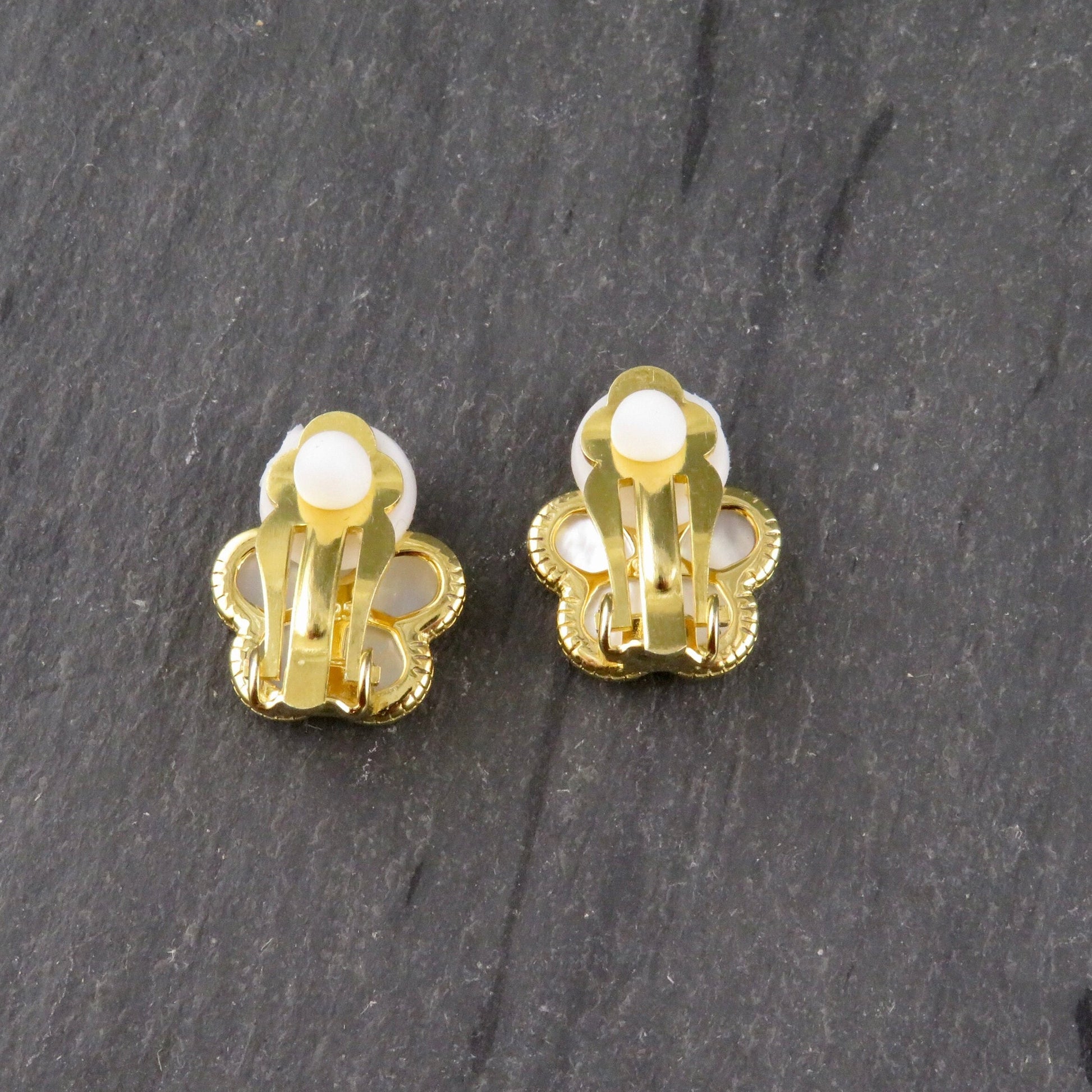 Gold Pearl Clip-on Earrings | Mother of Pearl Flower Clip-Ons | Gold Clip Earrings | Clip-on Gold Flower Earrings | Small Flower Clip-ons
