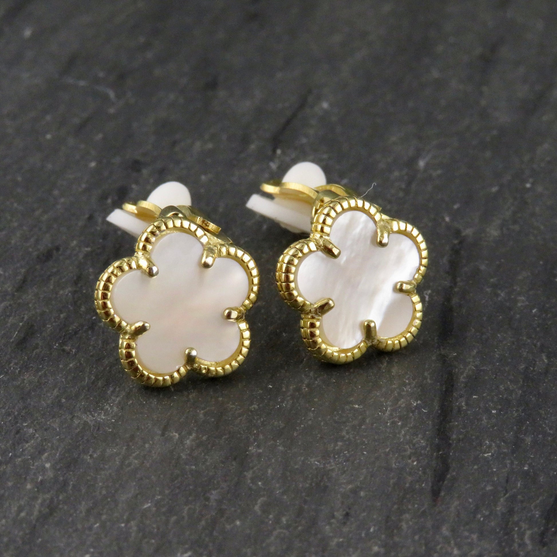 Gold Pearl Clip-on Earrings | Mother of Pearl Flower Clip-Ons | Gold Clip Earrings | Clip-on Gold Flower Earrings | Small Flower Clip-ons