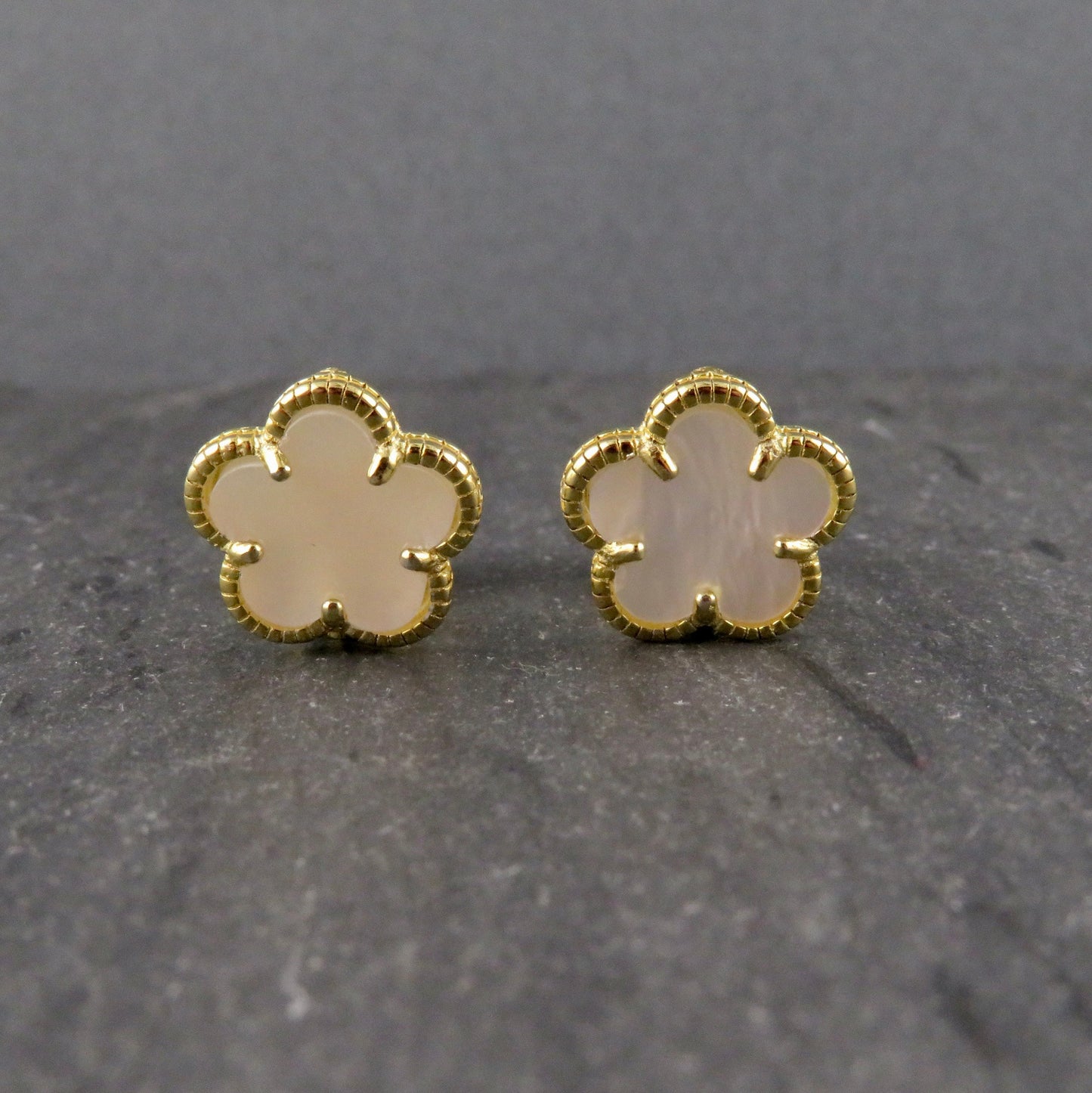 Gold Pearl Clip-on Earrings | Mother of Pearl Flower Clip-Ons | Gold Clip Earrings | Clip-on Gold Flower Earrings | Small Flower Clip-ons