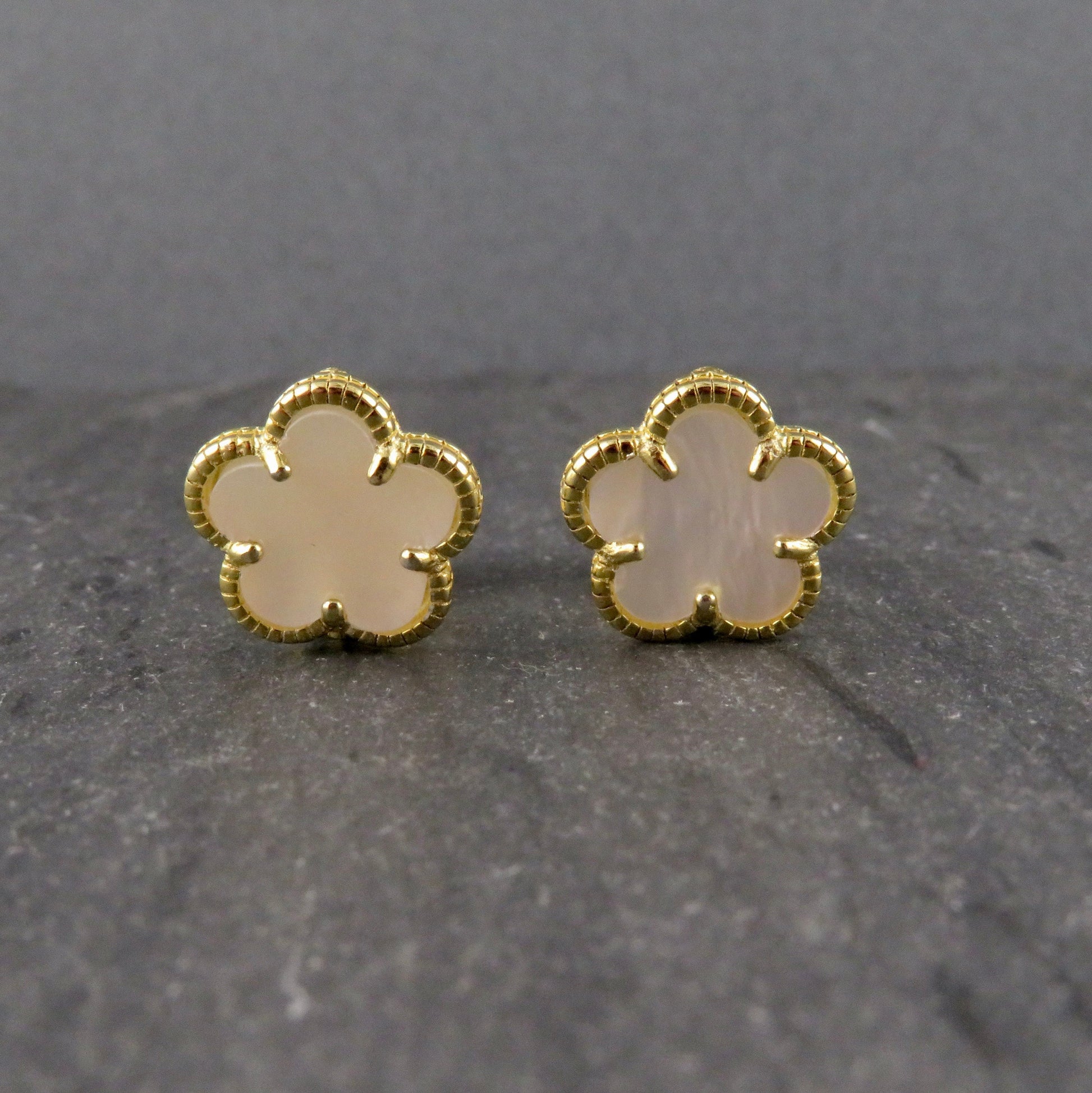 Gold Pearl Clip-on Earrings | Mother of Pearl Flower Clip-Ons | Gold Clip Earrings | Clip-on Gold Flower Earrings | Small Flower Clip-ons