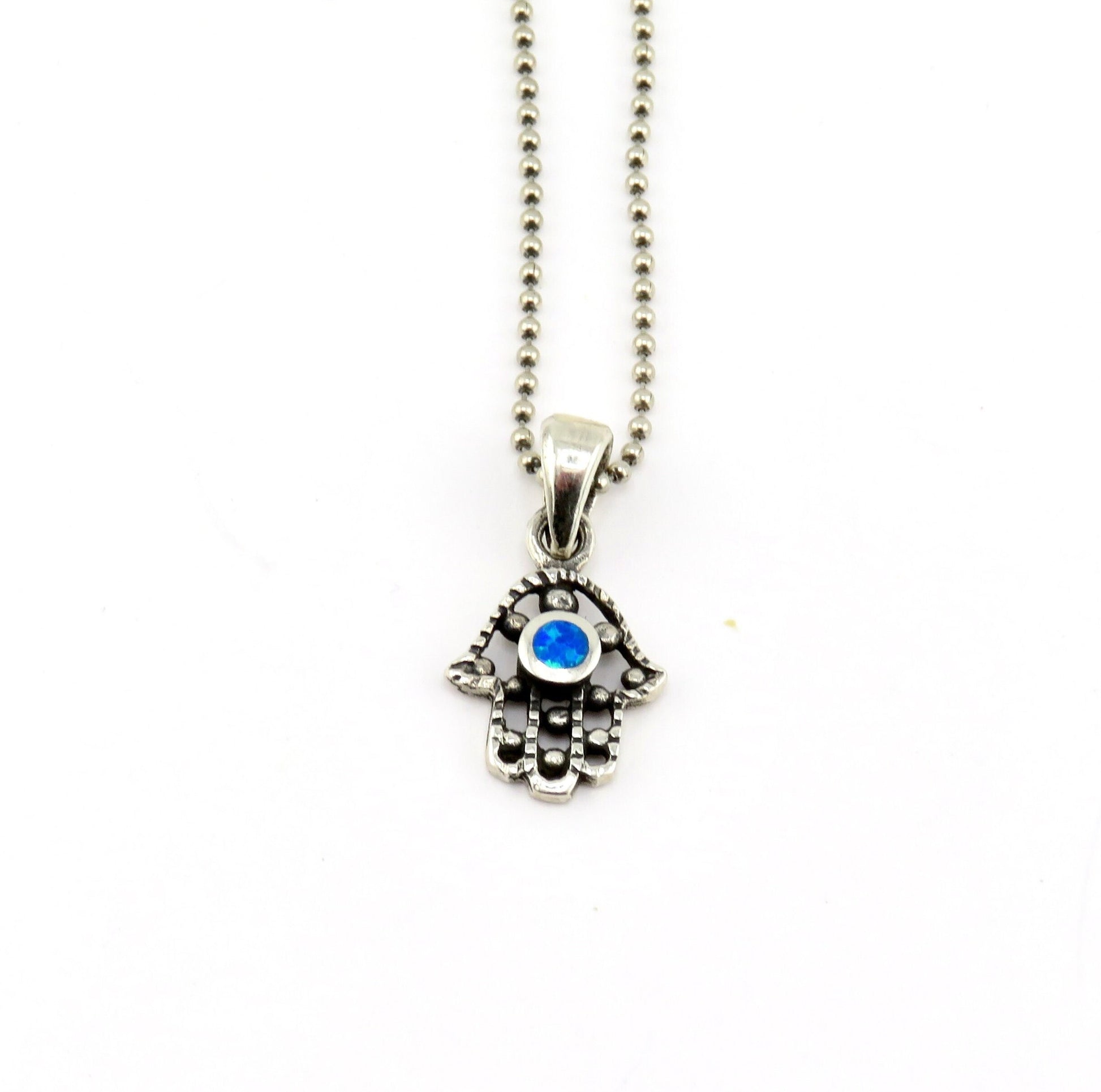 Sterling Hamsa Opal Necklace | Silver Hamsa Eye Pendant | Rustic Small Hand Necklace | Opal Silver Hamsa Pendant | Silver Evil Eye Necklace