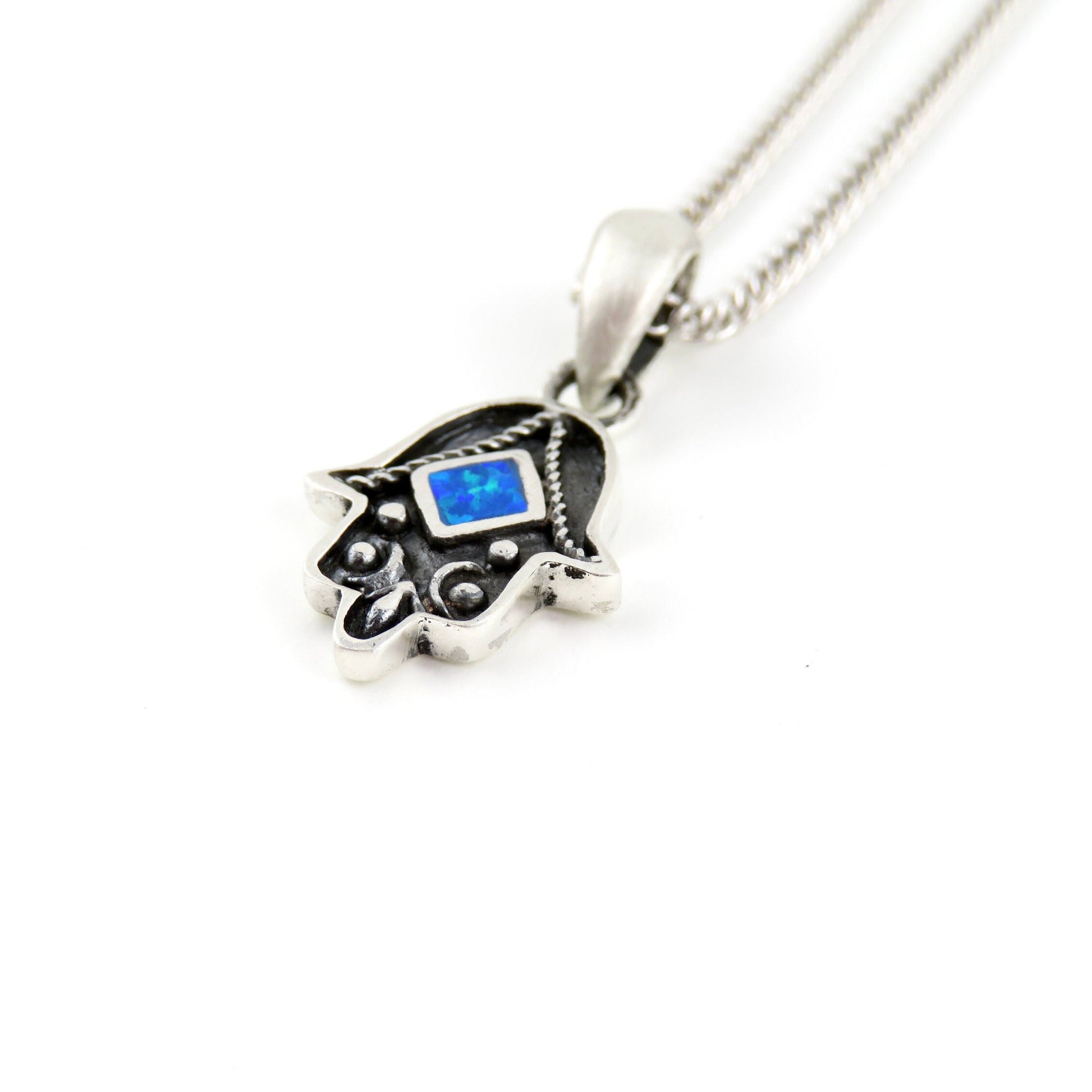 Sterling Hamsa Opal Necklace | Silver Hamsa Pendant | Rustic Hand Necklace | Opal Silver Hamsa Hand Pendant | Sterling Hamsa Opal Necklace