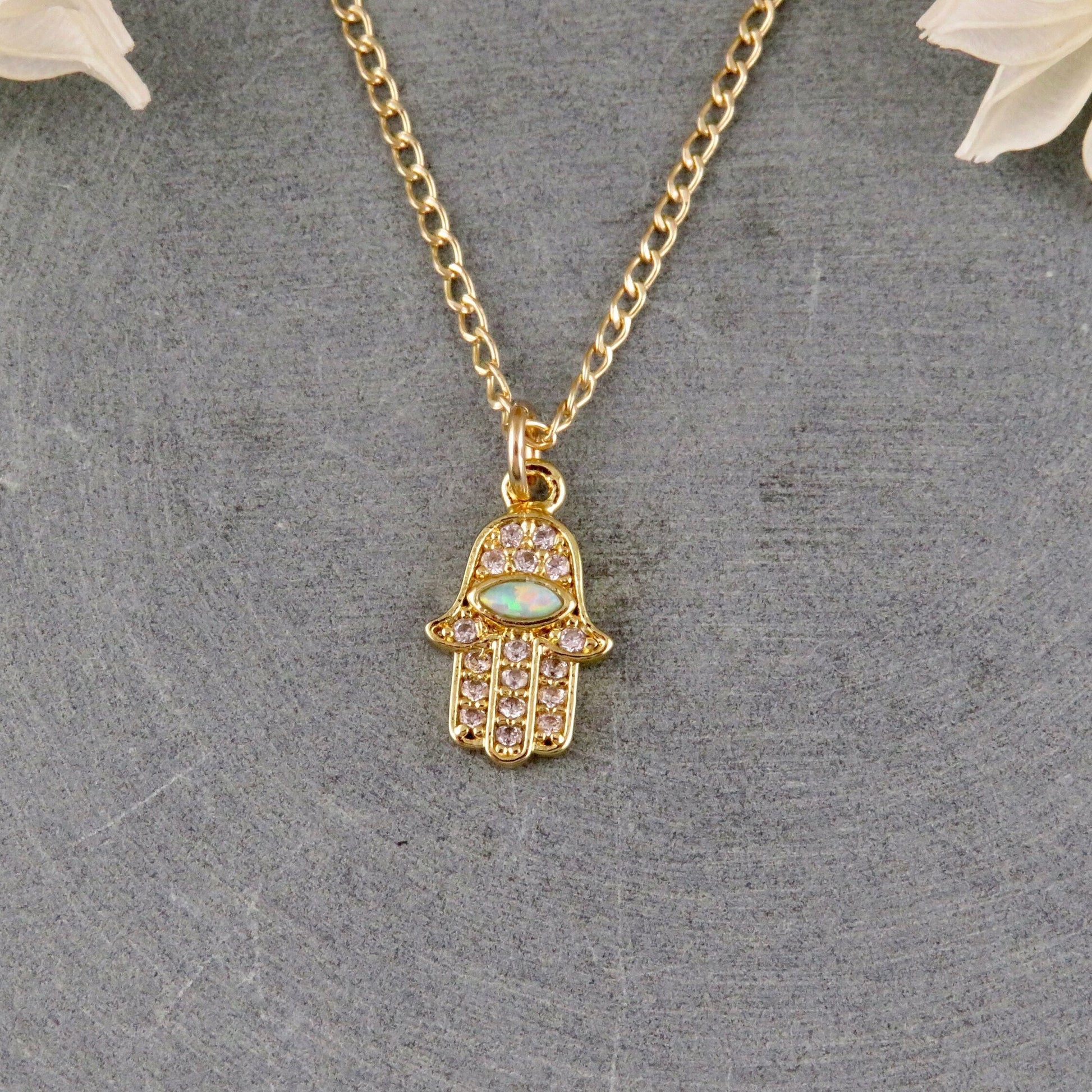 Gold Hamsa Necklace | Opal CZ Hamsa Necklace | Delicate Hamsa Hand Necklace | Gold Sparkly Hamsa Pendant | Minimal Hand of God Necklace