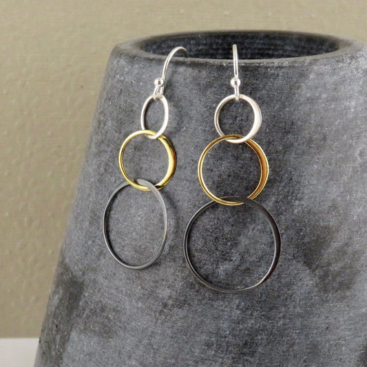Mixed Metal Earrings | Silver Gold Rings Earring | Two Tone Circles Earrings | Mixed Tones Earrings | Three Circles Earrings