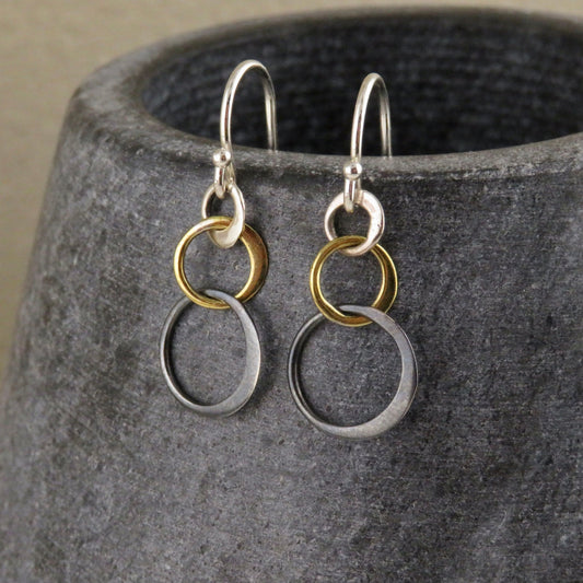 Mixed Metal Earrings | Silver Gold Rings Earring | Two Tone Circles Earrings | Delicate Mixed Tones Earrings | Three Circles Earrings Small