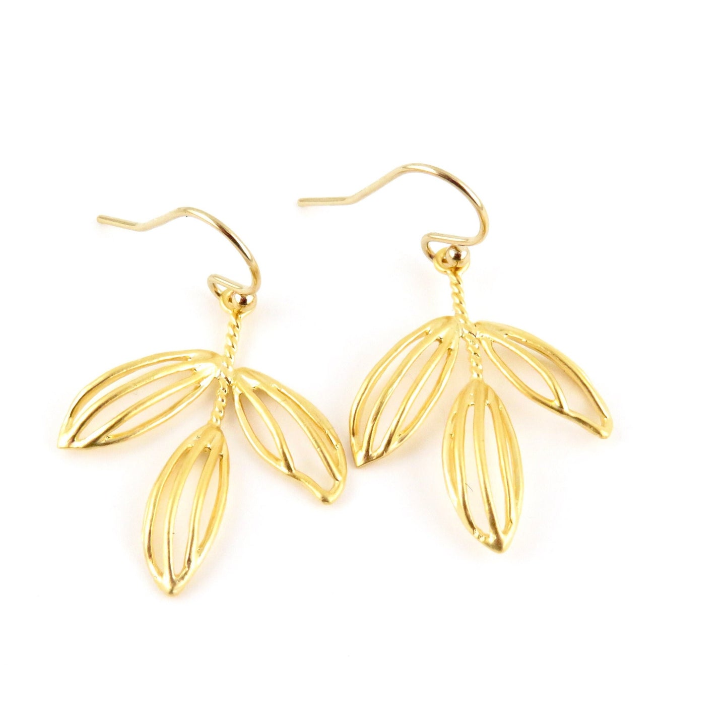 Gold Leaves Earrings | Lightweight Gold Earring | Gold Laser Cut Leaf Earrings | Hanging Leaves Earrings | Open Nature Earrings | Gold Stems