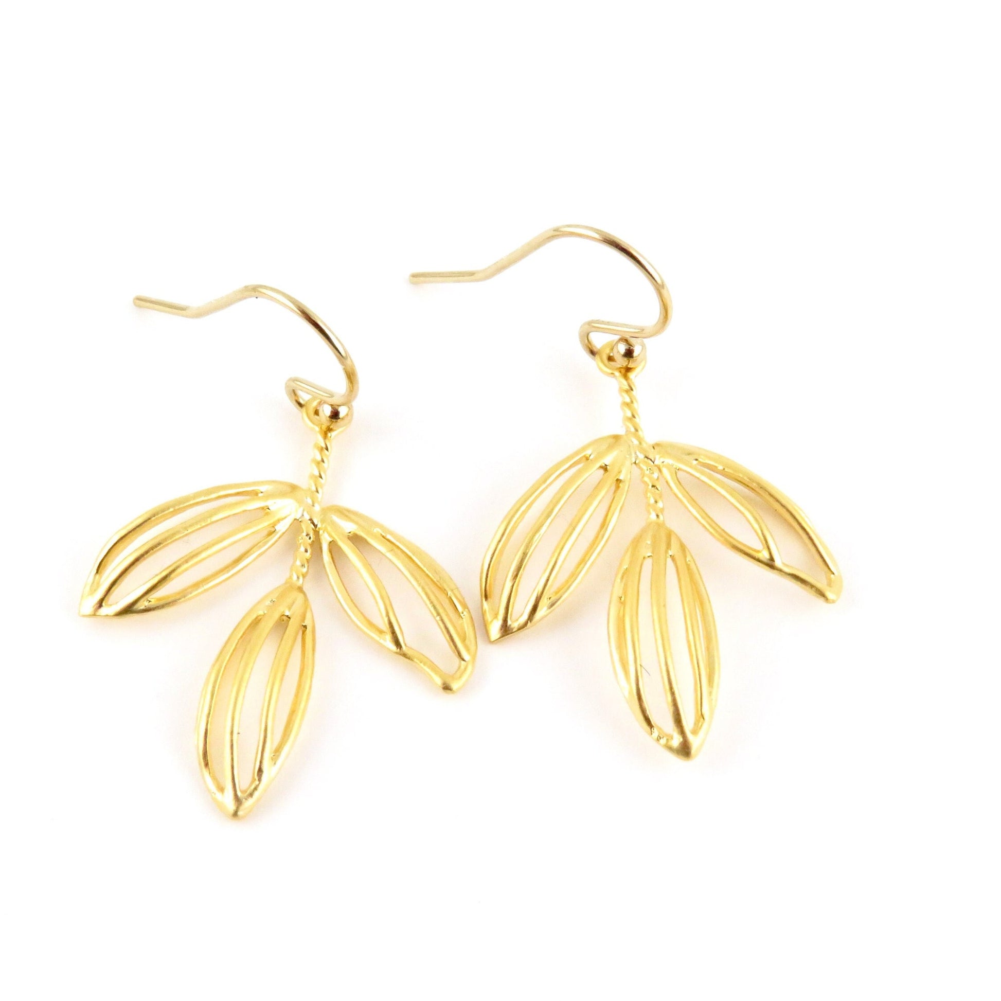 Gold Leaves Earrings | Lightweight Gold Earring | Gold Laser Cut Leaf Earrings | Hanging Leaves Earrings | Open Nature Earrings | Gold Stems