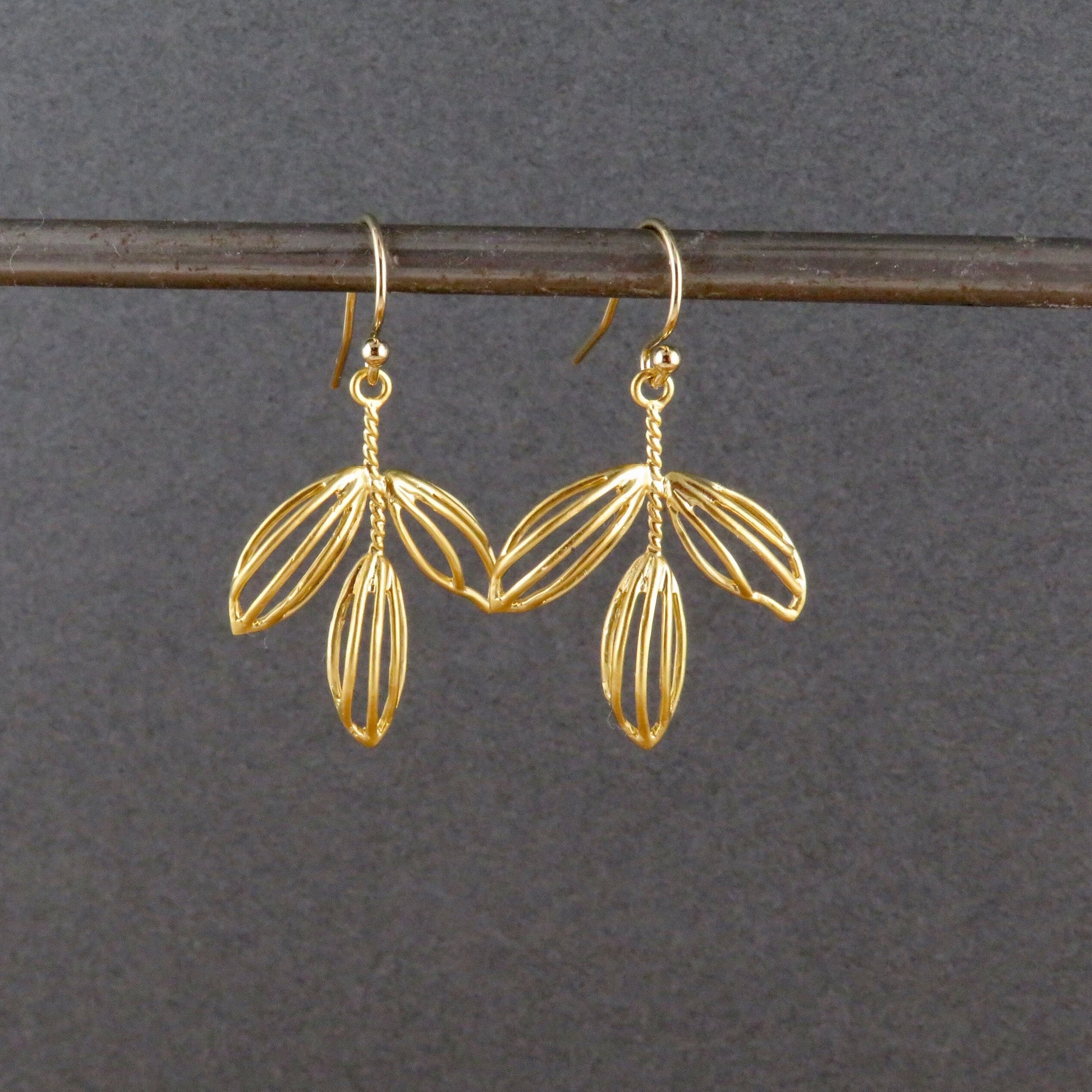 Gold Leaves Earrings | Lightweight Gold Earring | Gold Laser Cut Leaf Earrings | Hanging Leaves Earrings | Open Nature Earrings | Gold Stems