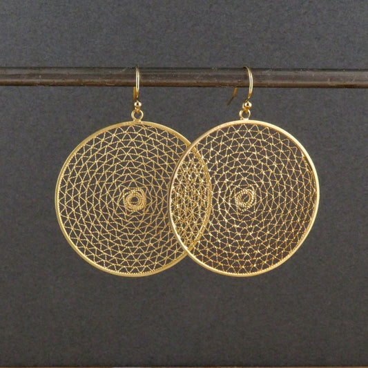Gold Mesh Earrings | Gold Circle Earrings | Geometric Gold Earrings | Gold Round Woven Earrings | Large Gold Delicate Earrings | Mesh Discs